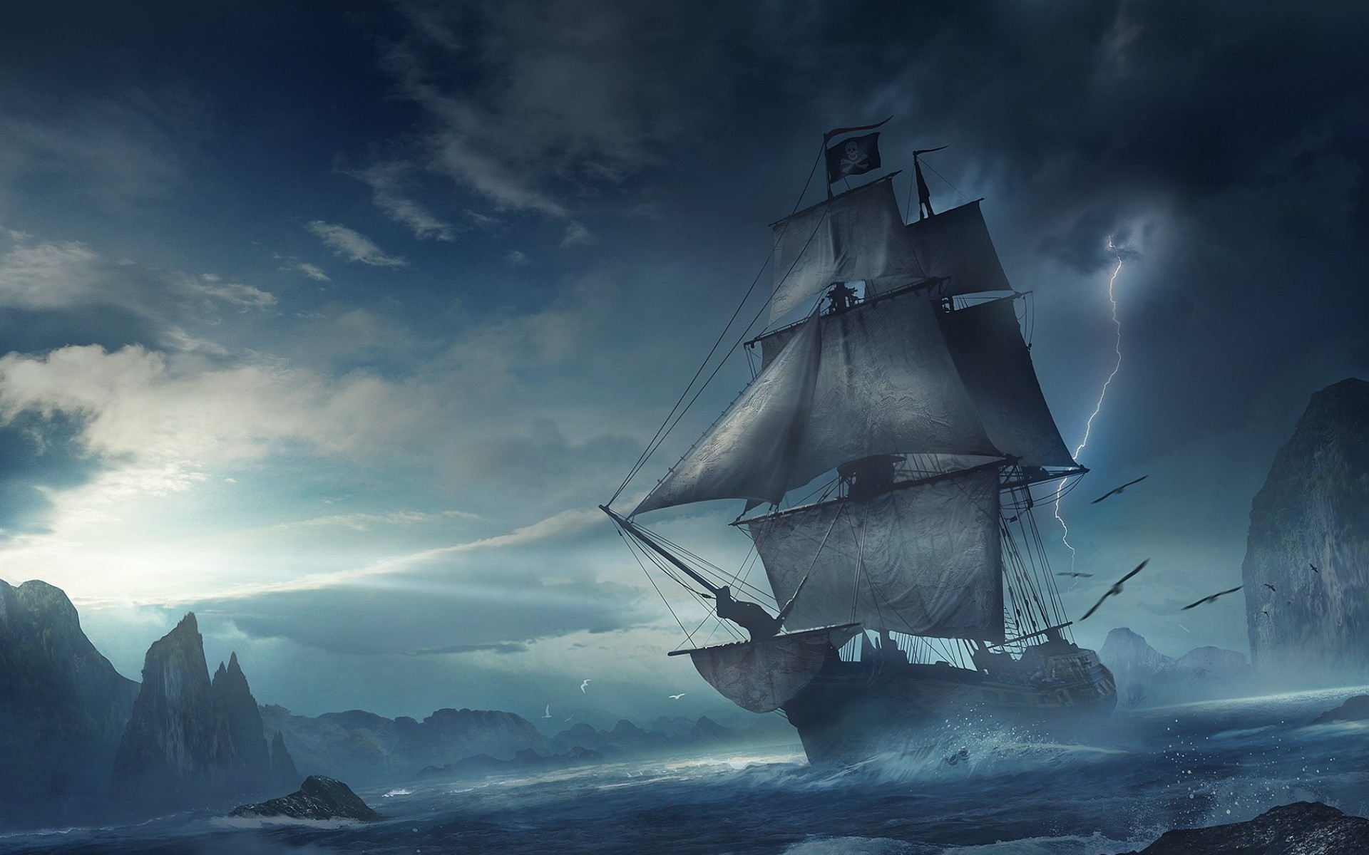 Cliff Jolly Roger Lightning Pirate Ship Rock Ship 1920x1200