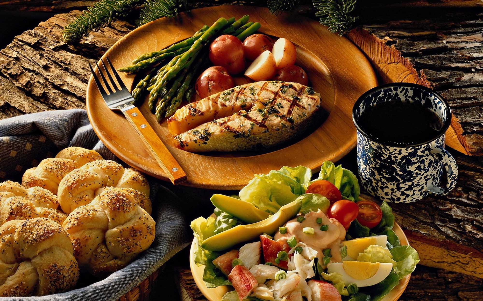 Fish Potato Asparagus Salad Bread Roll Mug Meal Salmon 2000x1250