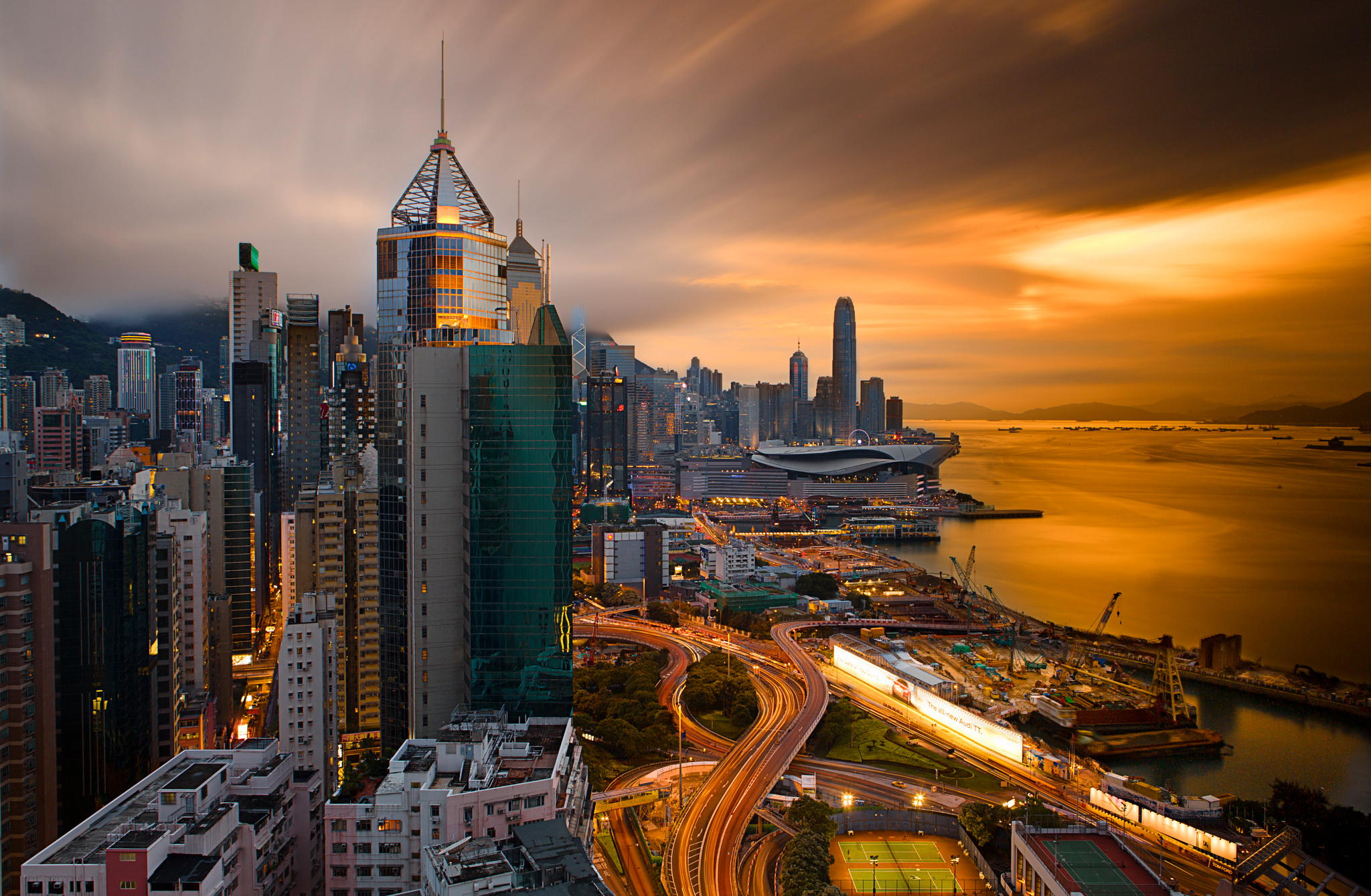 Architecture Building China City Hong Kong Light Megapolis Sunset Victoria Harbour 2048x1339