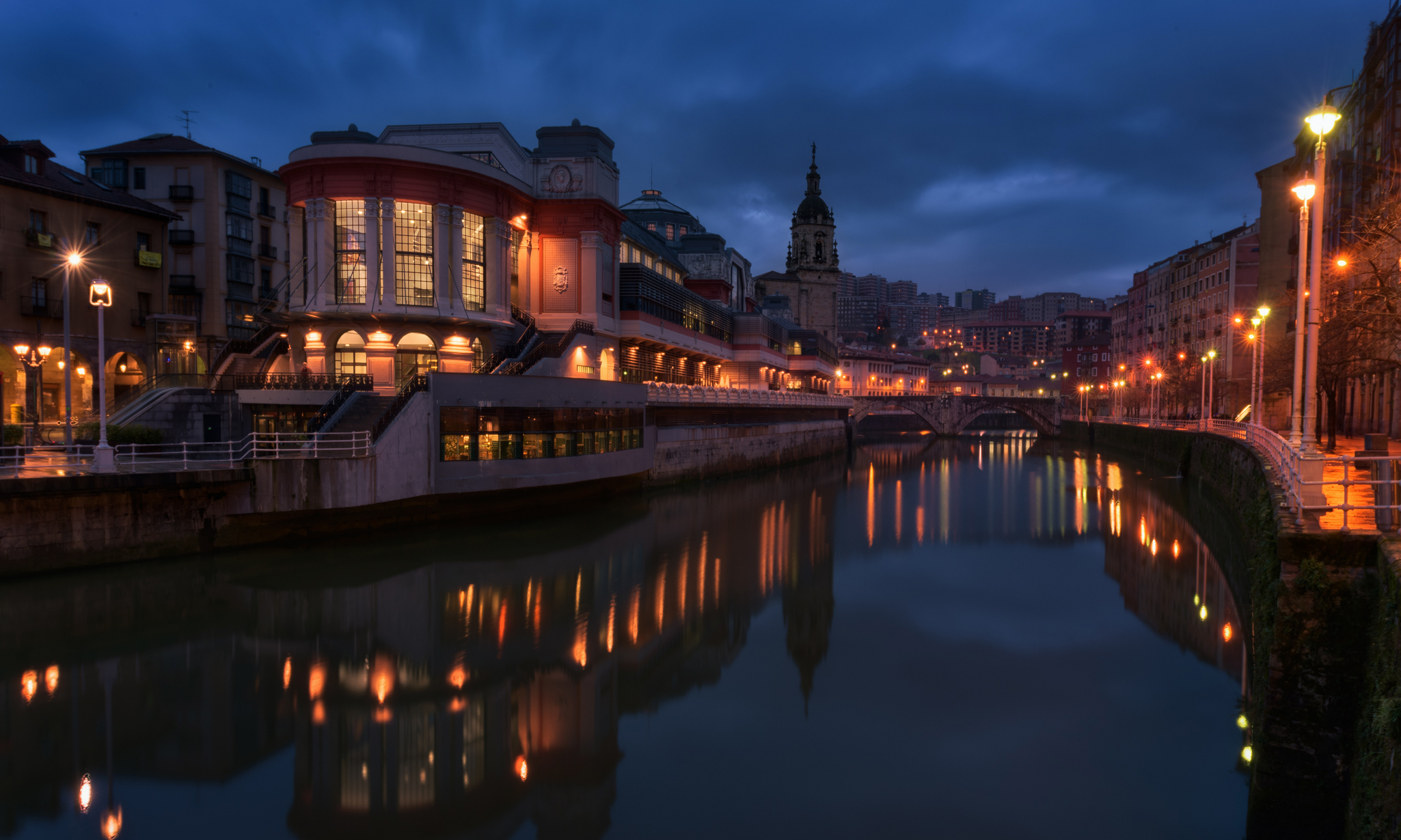 Architecture Bilbao Canal City House Night Reflection Spain 2050x1230
