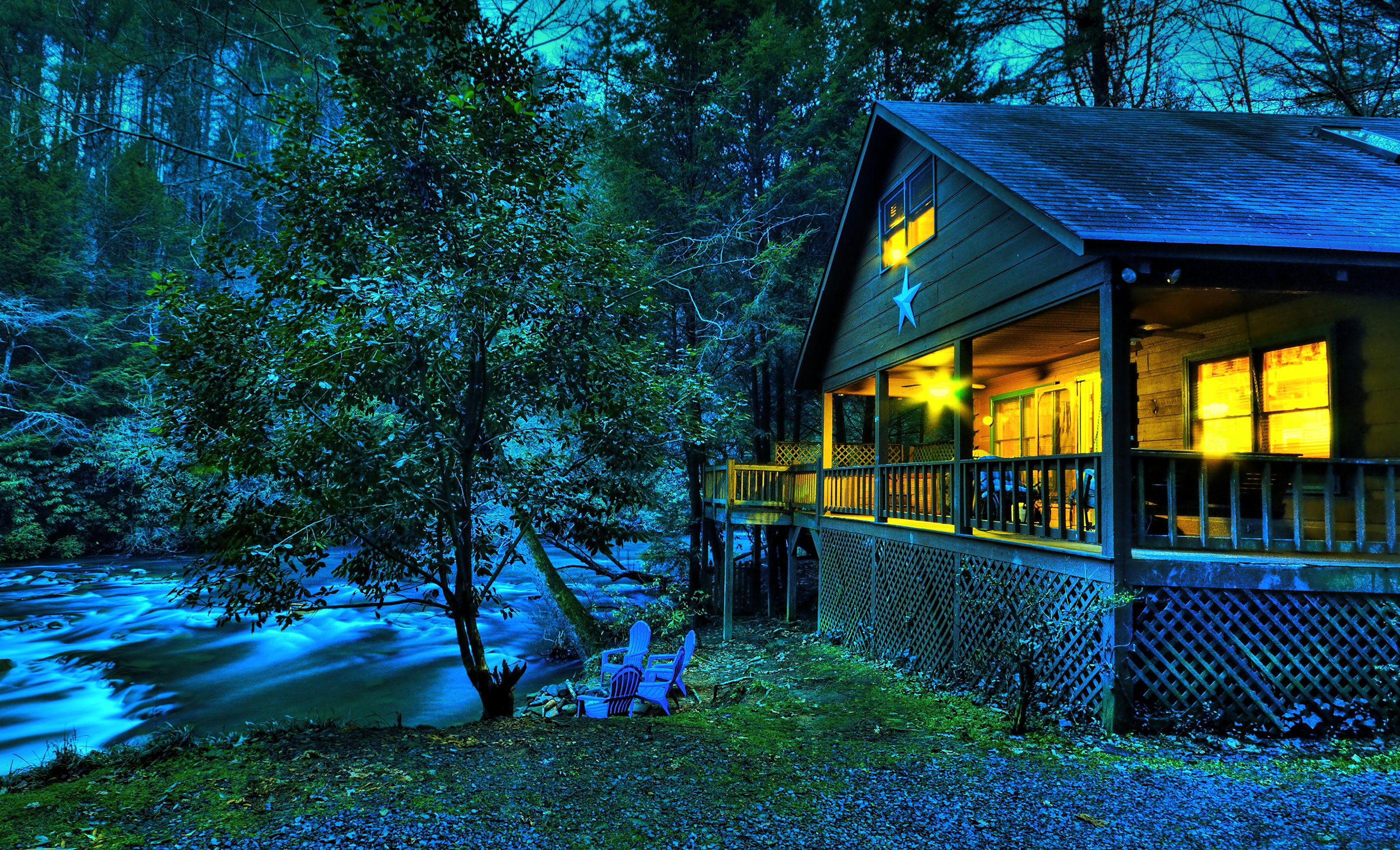 HDR House River Dusk Tree Light Porch 2800x1700
