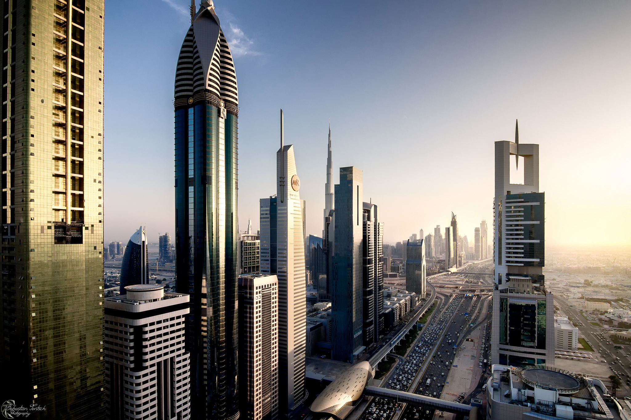 Cityscape Dubai Megapolis Monorail Rose Tower Sheikh Zayed Avenue Skyscraper Traffic United Arab Emi 2048x1362