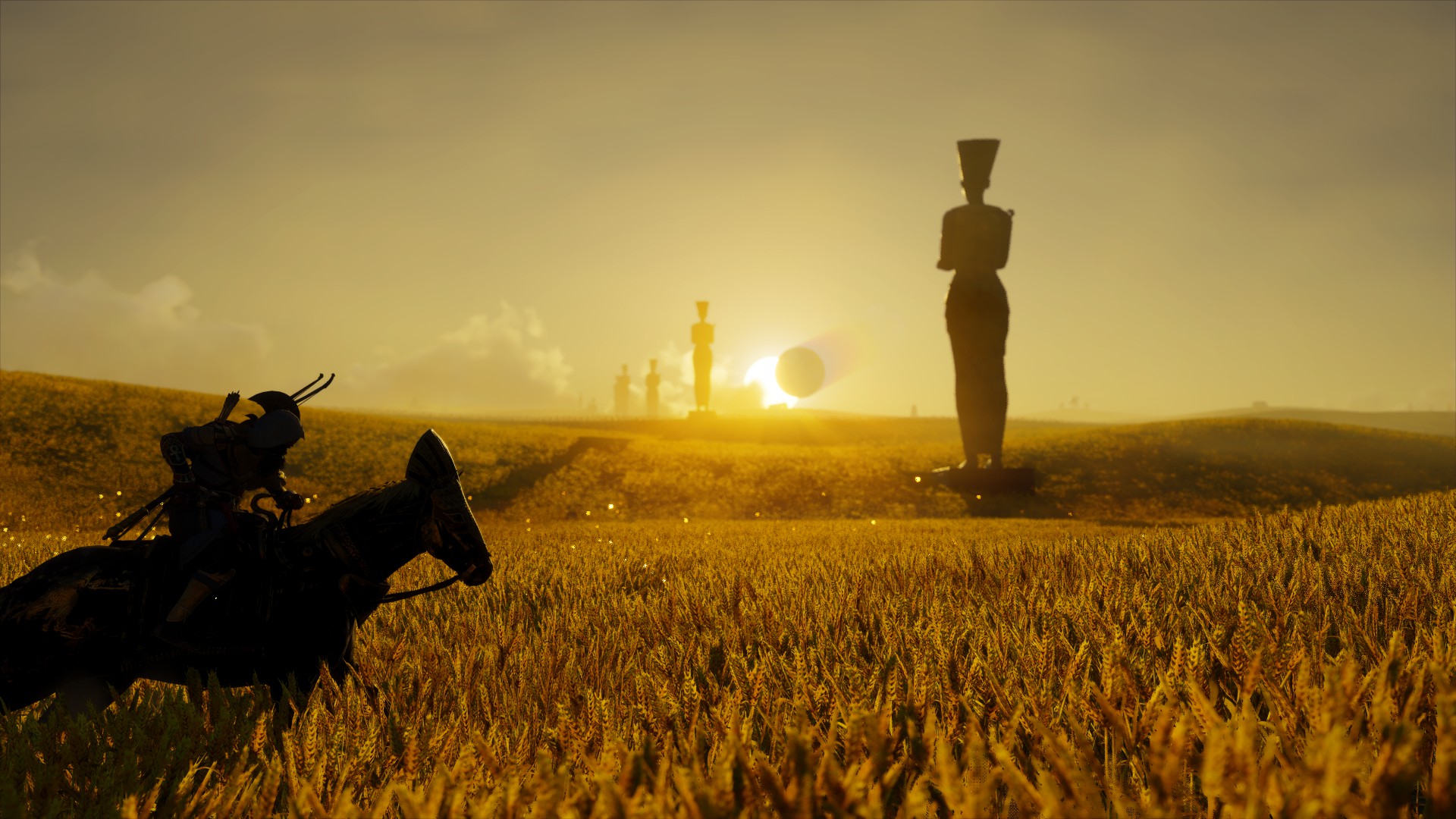 Assassins Creed Horse Eclipse Solar Eclipse Sun Rays Pharaoh Statue Landscape 1920x1080