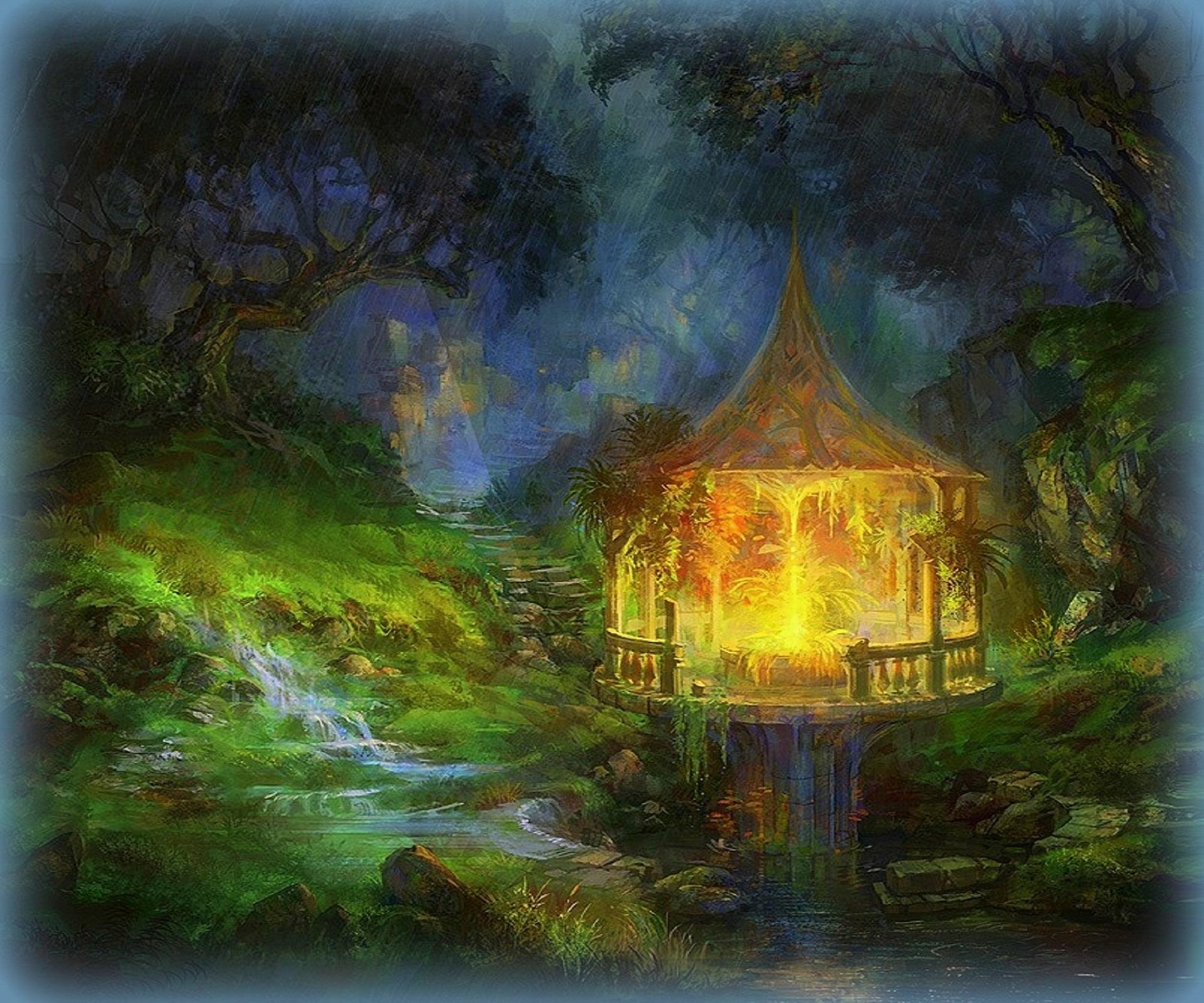 Fantasy Forest Gazebo Golden Pond Tree Waterfall 1920x1600