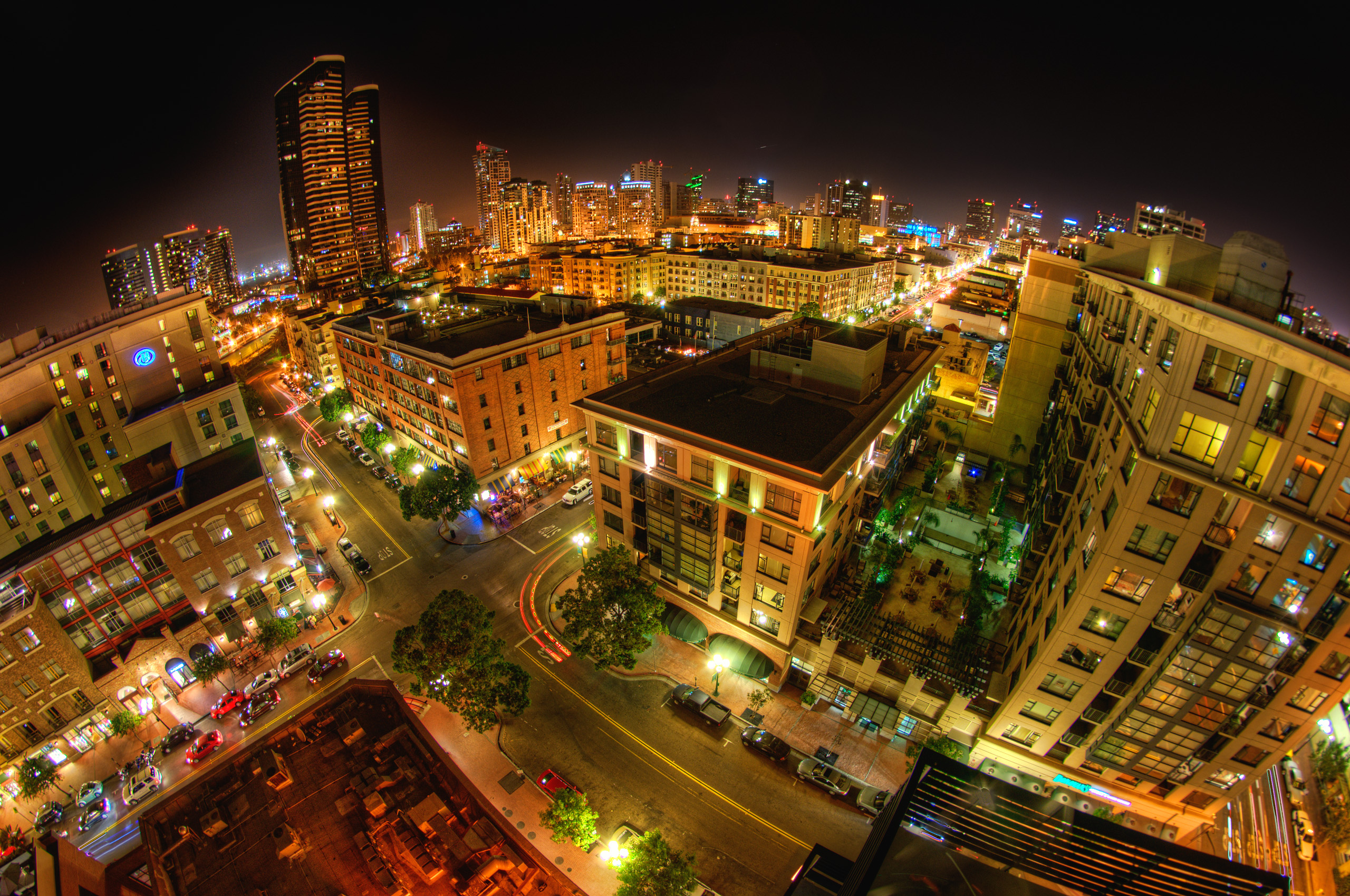 Aerial Building City Fisheye Light Night San Diego 2560x1700