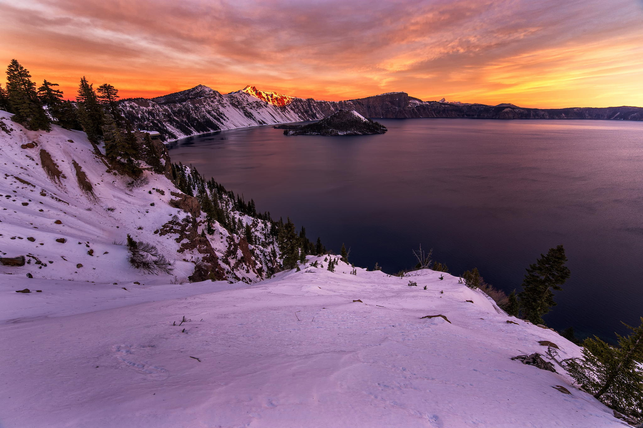 Crater Lake Earth Lake Mountain Snow Sunset Winter 2048x1365
