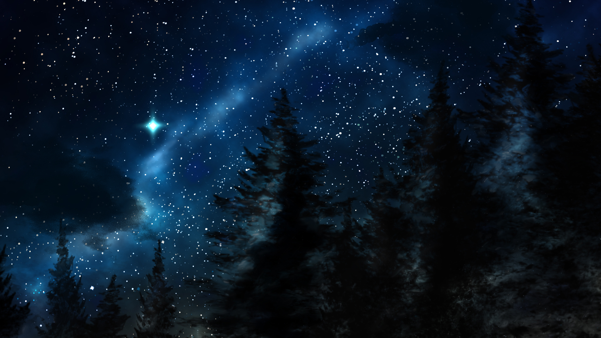 Blue Earth Forest Night Pine Tree Sky Starry Sky Stars Tree Winter 1920x1080