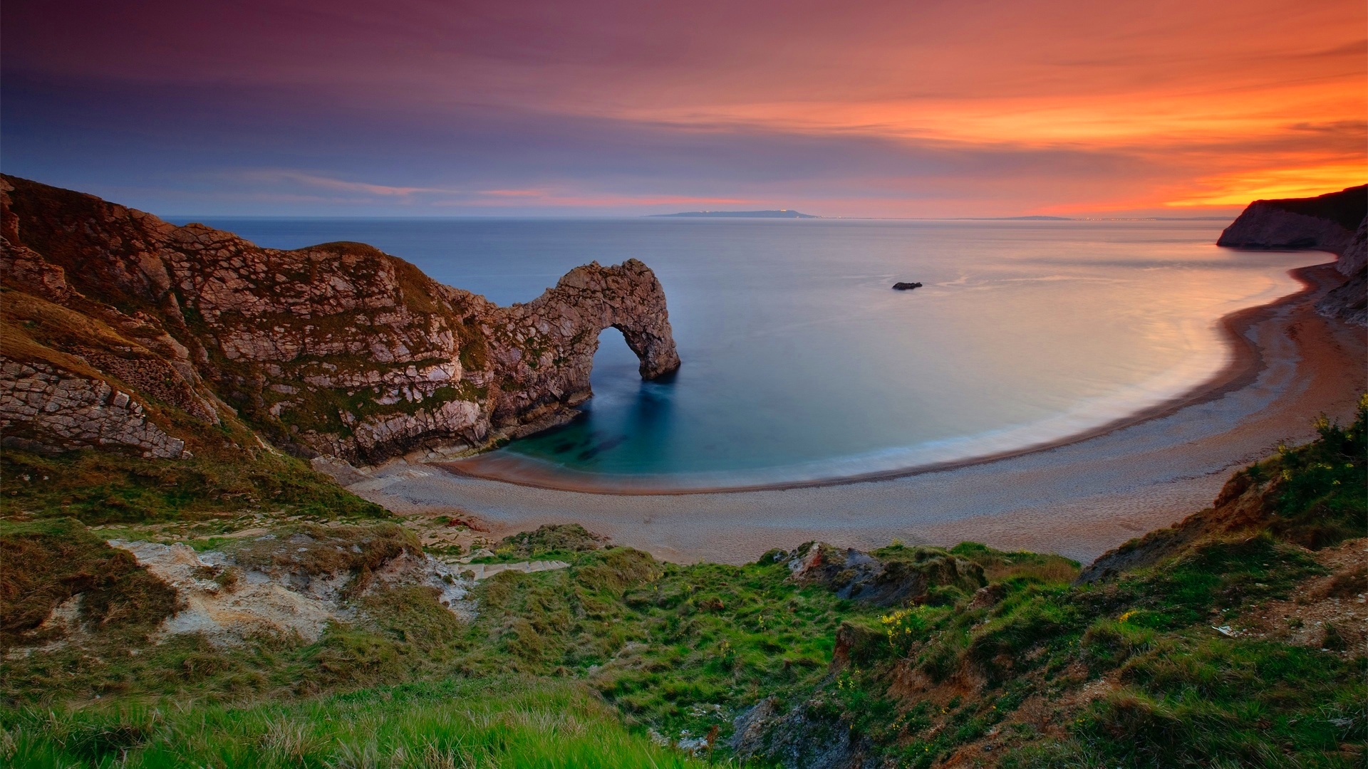 Arch Beach Coastline Dorset Durdle Door England Ocean Rock Sand Sunset Water 1920x1080