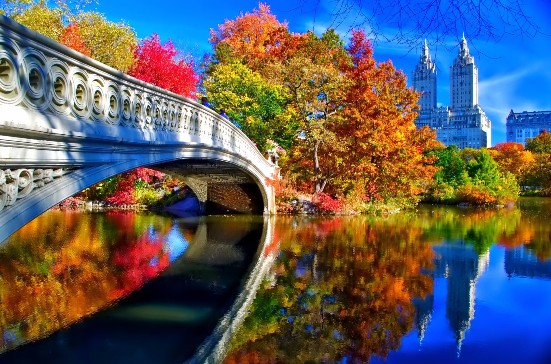 Bridge Building Central Park Fall Foliage Man Made New York Reflection Tree 1920x1271