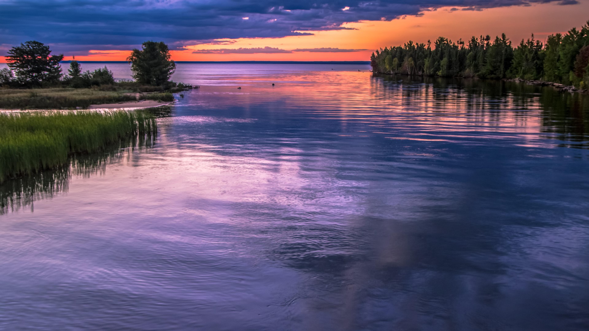Nature Landscape Plants Trees Water Clouds Sky Sunset Lake Lake Superior Michigan USA 1920x1080