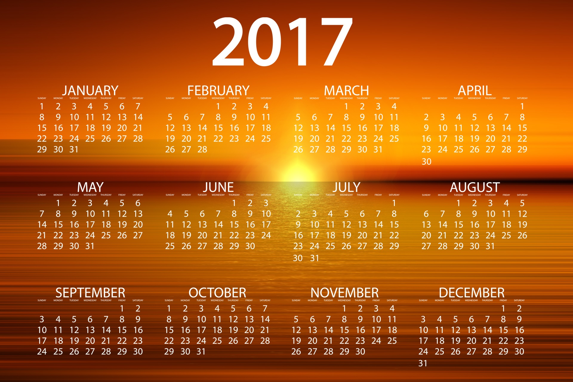 Calendar Holiday New Year 2017 Sunset Orange Color 1920x1281