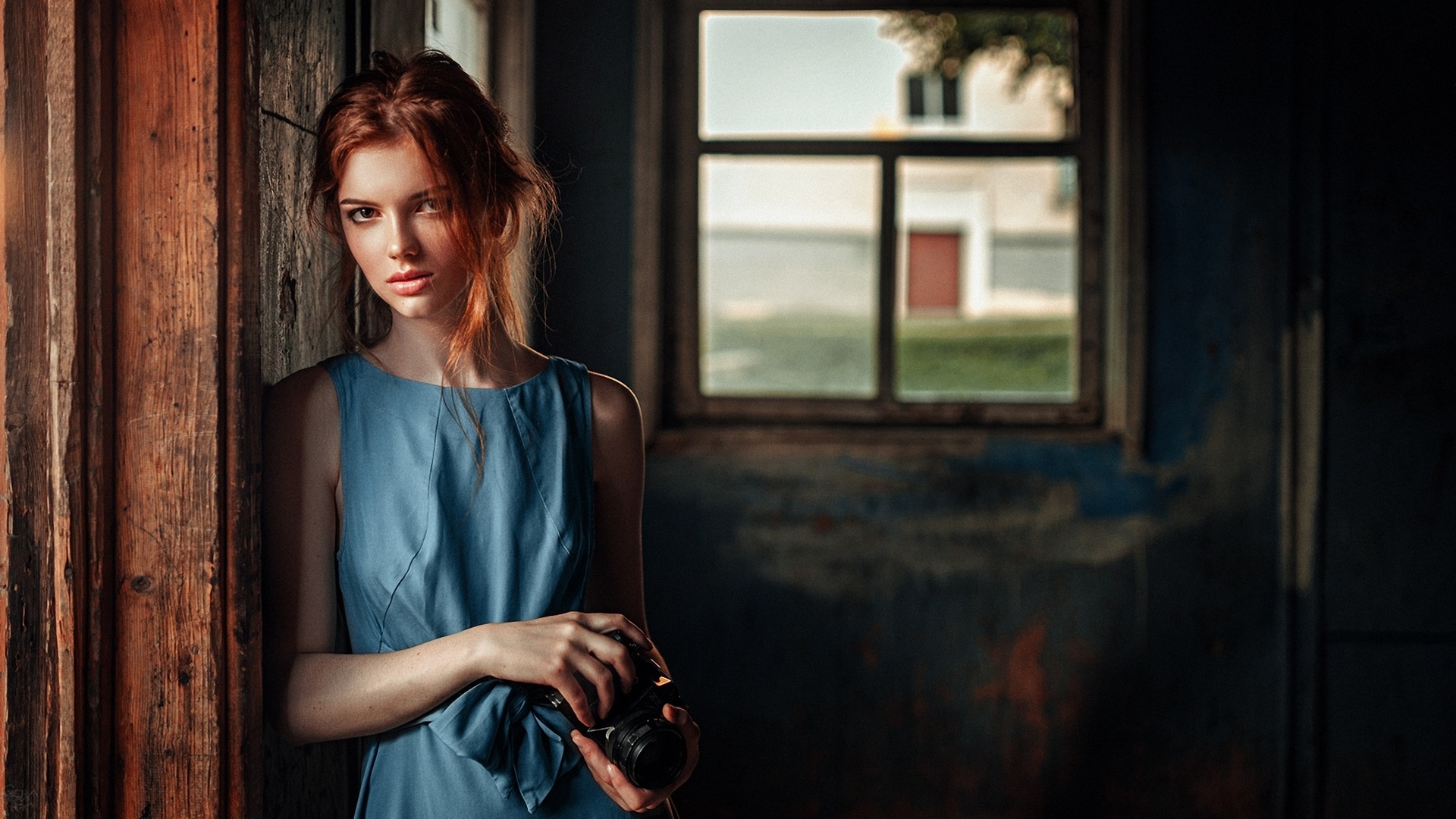 Women Model Young Woman Redhead Indoors Window Frames Blue Dress Camera Depth Of Field 1920x1080