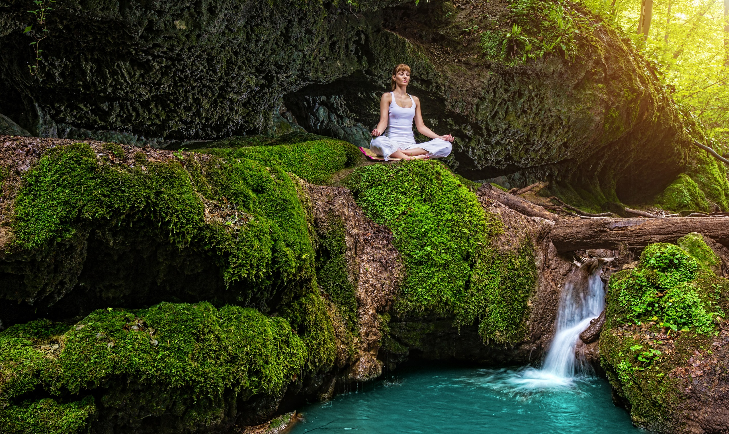 Moss Pond Rock Waterfall Woman Yoga 2560x1526