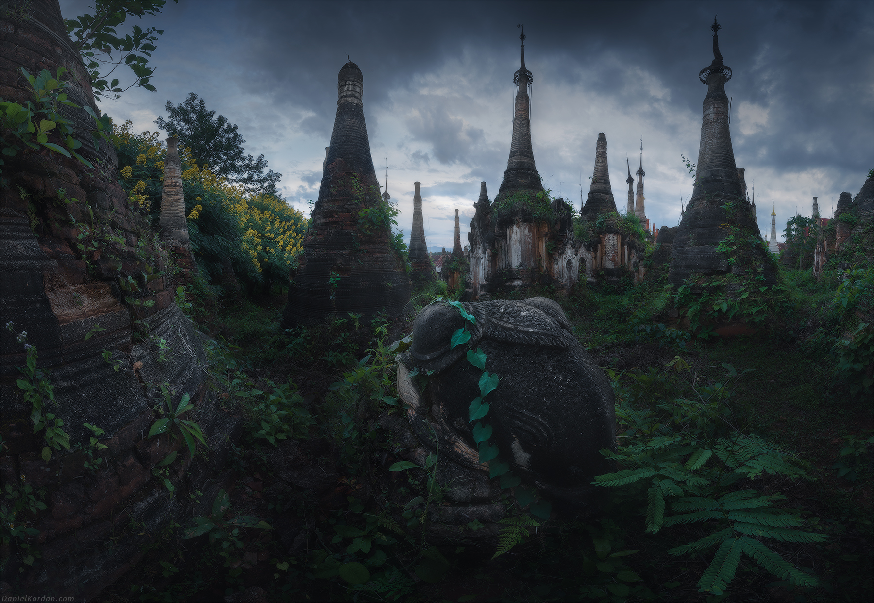 Daniel Kordan Ruins Myanmar Landscape Architecture Moss Plants Overgrown Clouds Overcast Burma 1800x1242