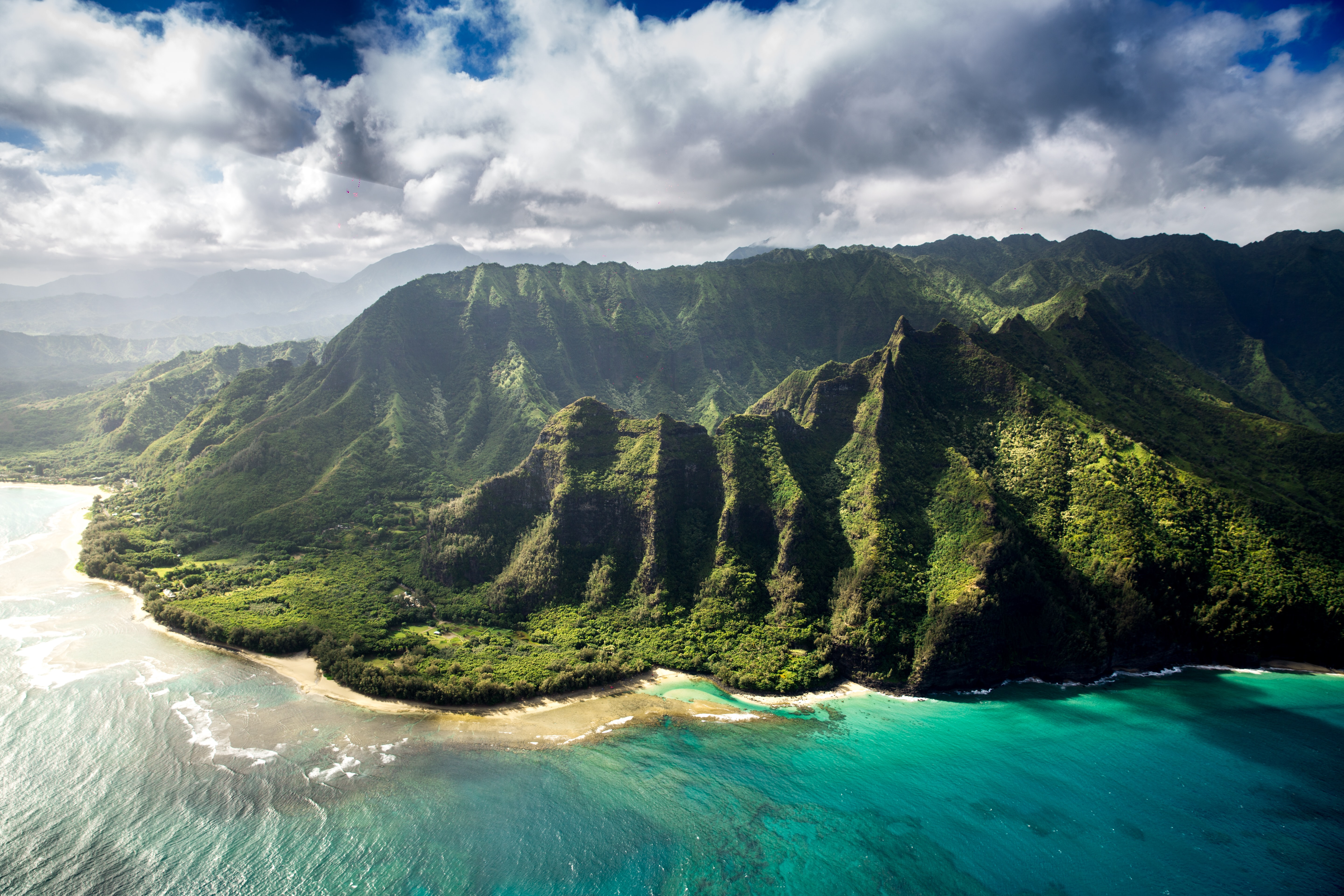 Nature Landscape Water Trees Forest Mountains Clouds Sky Aerial Waves Kauai USA Coast Hawaii Napali  5760x3840