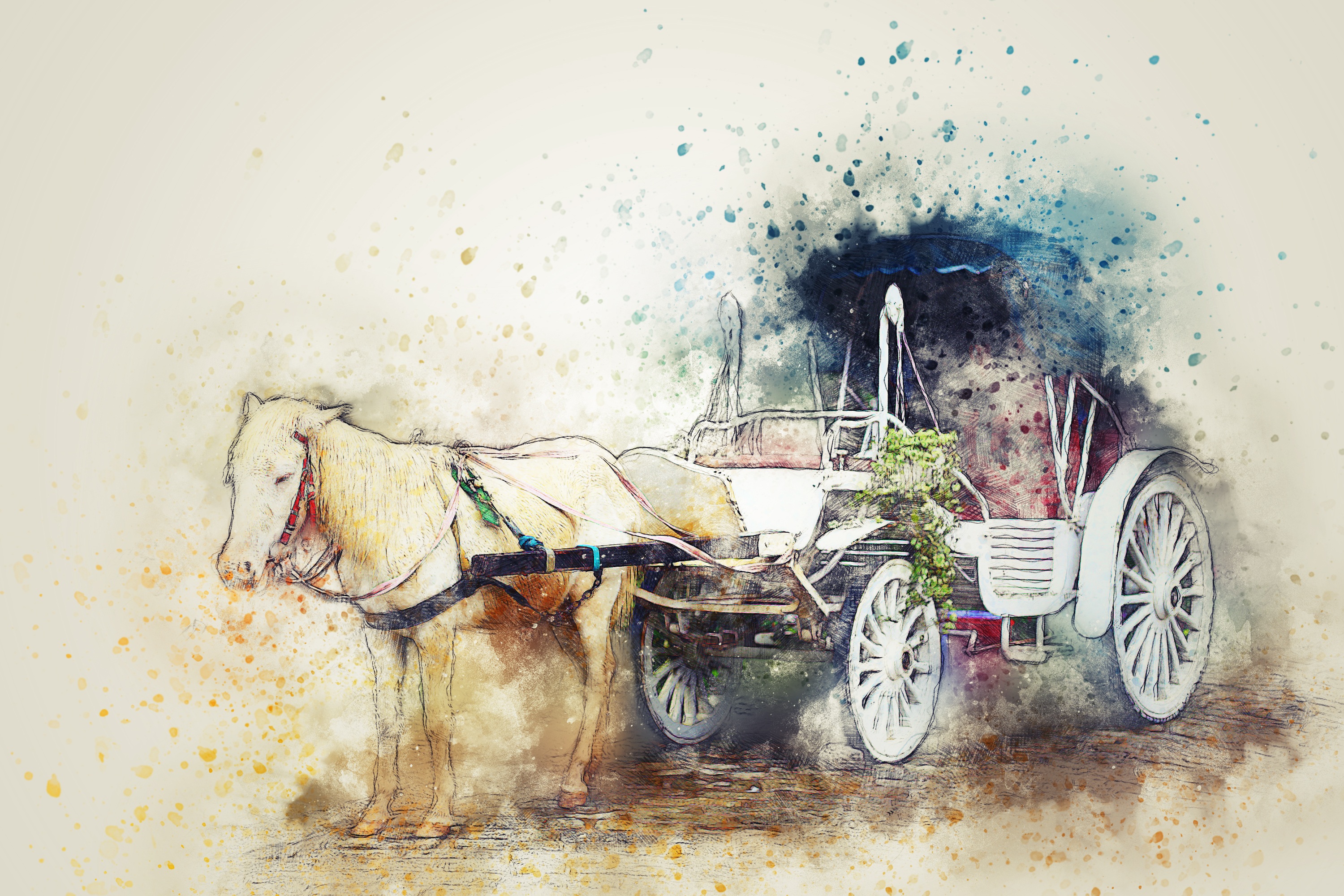 Artistic Artwork Carriage Cart Horse Horse Drawn Vehicle Watercolor 3000x2000
