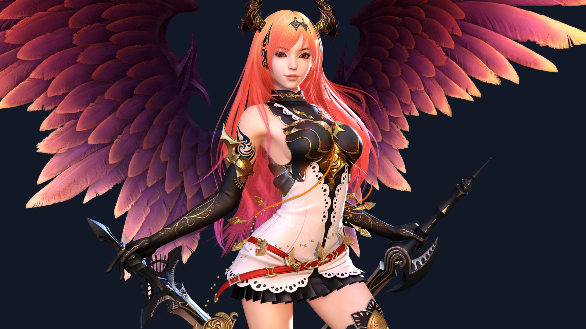 Shin JeongHo 3D Render Wings Redhead Blades Colorful 1920x1080