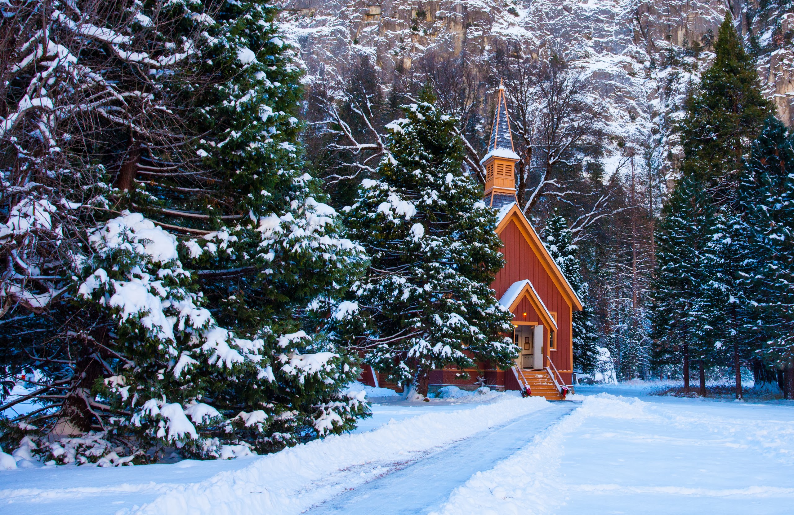 Chapel Snow Tree Winter 2560x1663