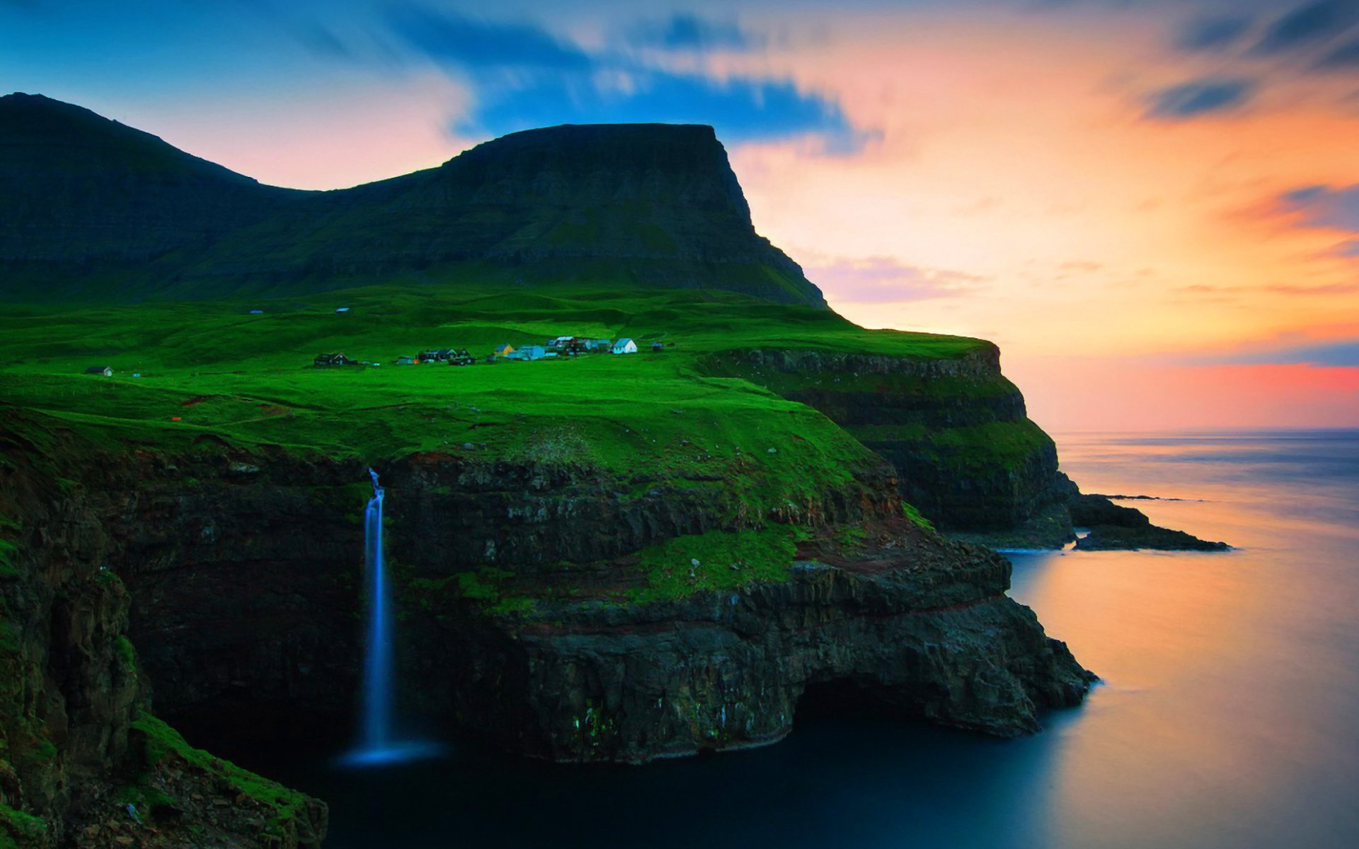 Cliff Faroe Islands Green Gasadalur House Man Made Norway Village Waterfall 1920x1200