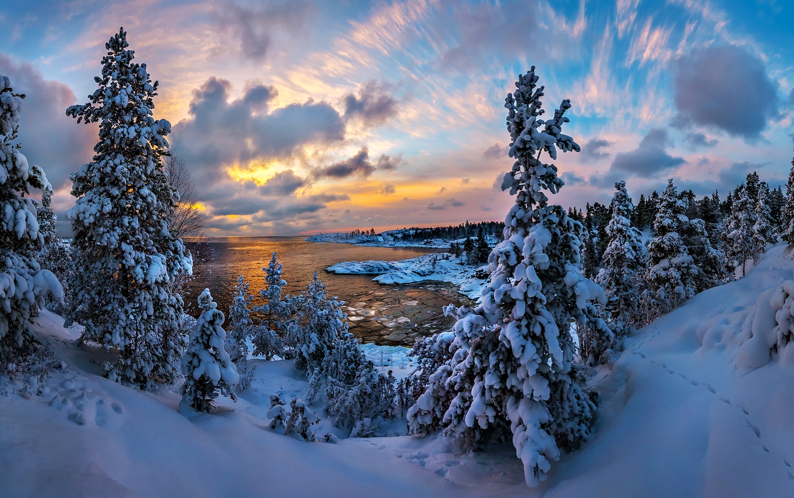 Earth Lake Mountain Snow Sunset Winter 3000x1881
