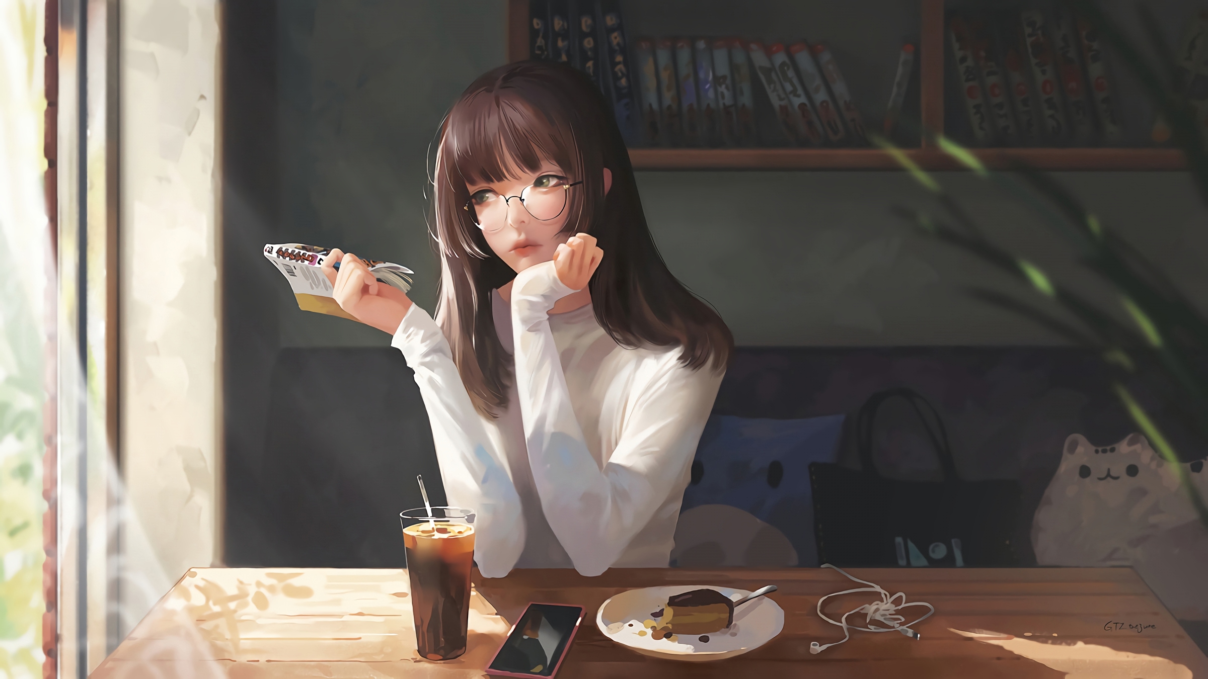 Anime Anime Girls Long Hair Taejune Kim Glasses Cake Food Drinking Glass Indoors 2400x1350
