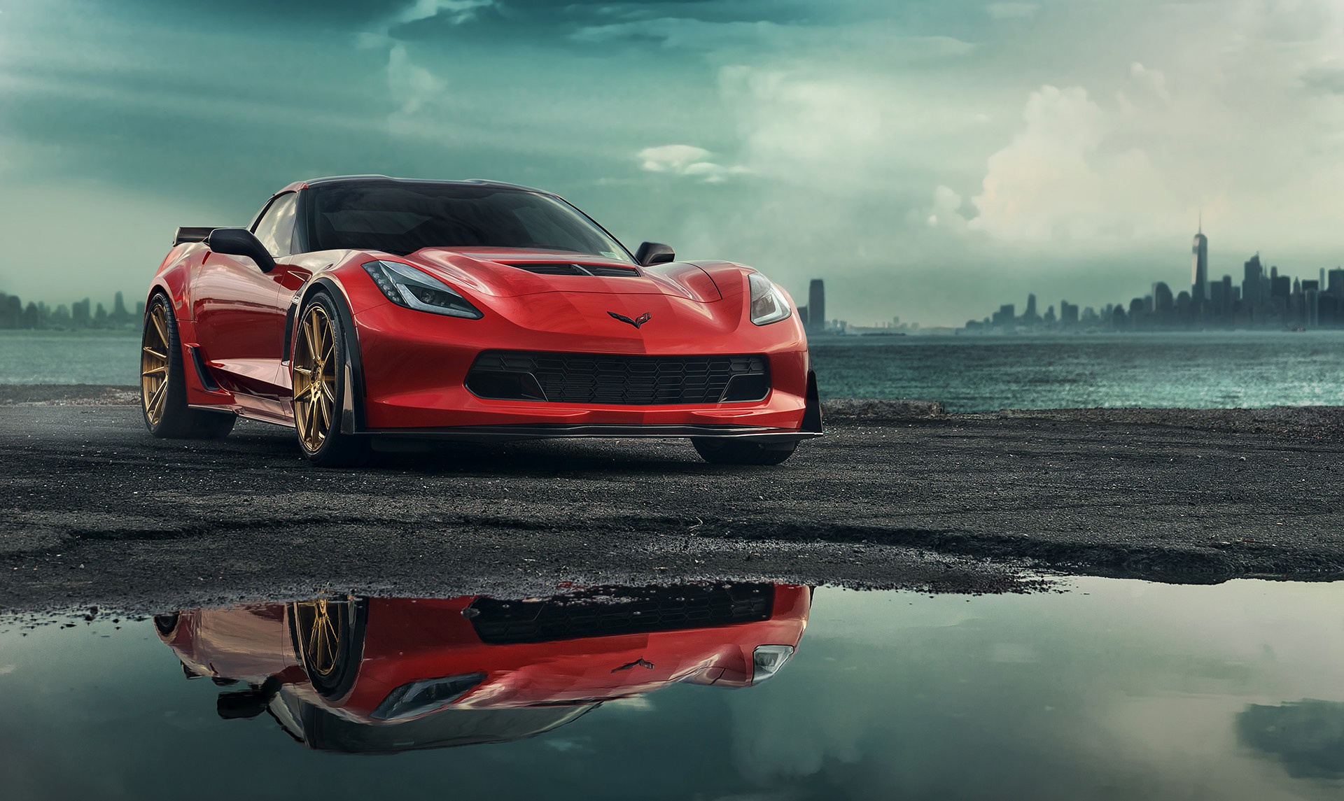 Car Chevrolet Chevrolet Corvette Chevrolet Corvette C7 Red Car Reflection Sport Car Vehicle 1920x1145