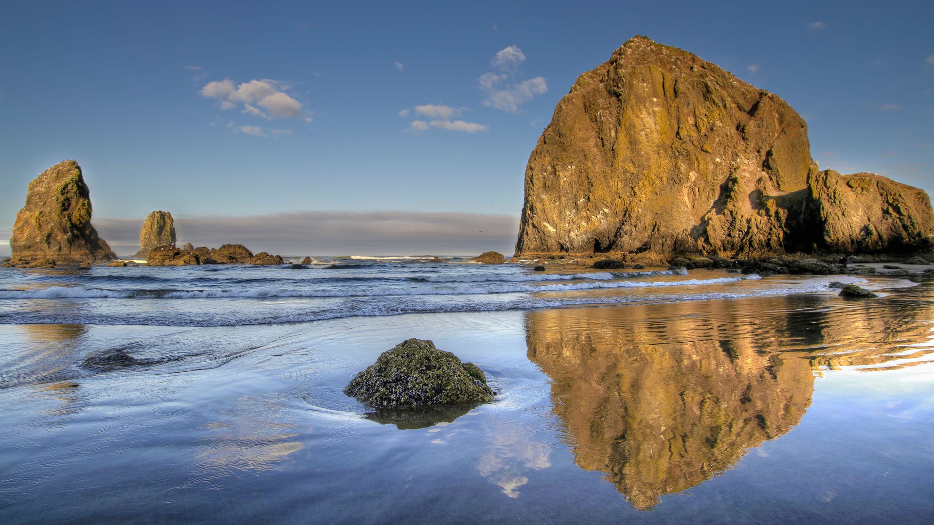 Nature Landscape Water Waves Sea Clouds Sky Rocks Haystack Rock Oregon USA 1920x1080