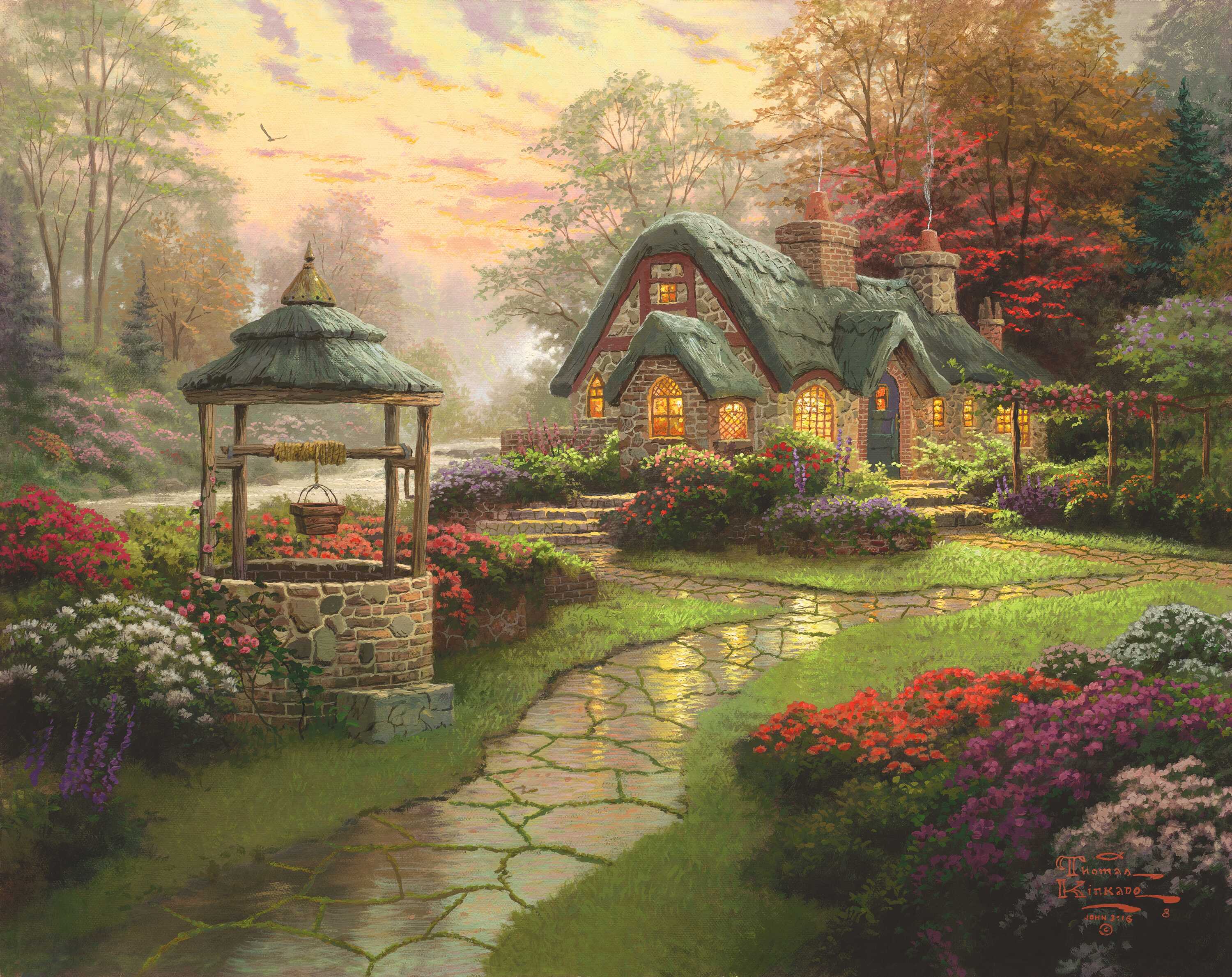 Artistic Colorful Colors Cottage Flower Garden House Painting Path Tree Well 3000x2379