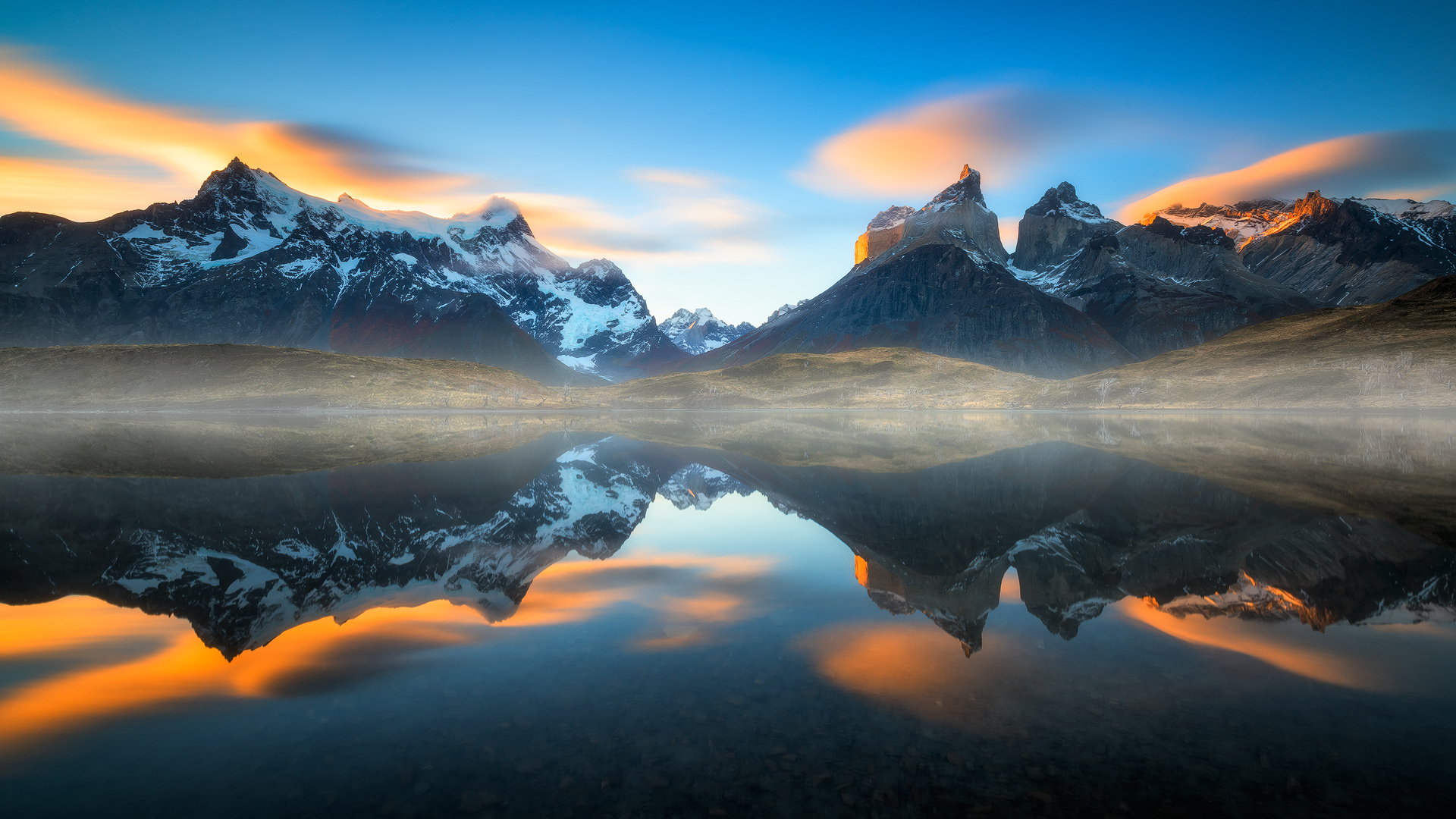 Chile Fog Lake Landscape Mountain Reflection Sunset 1920x1080