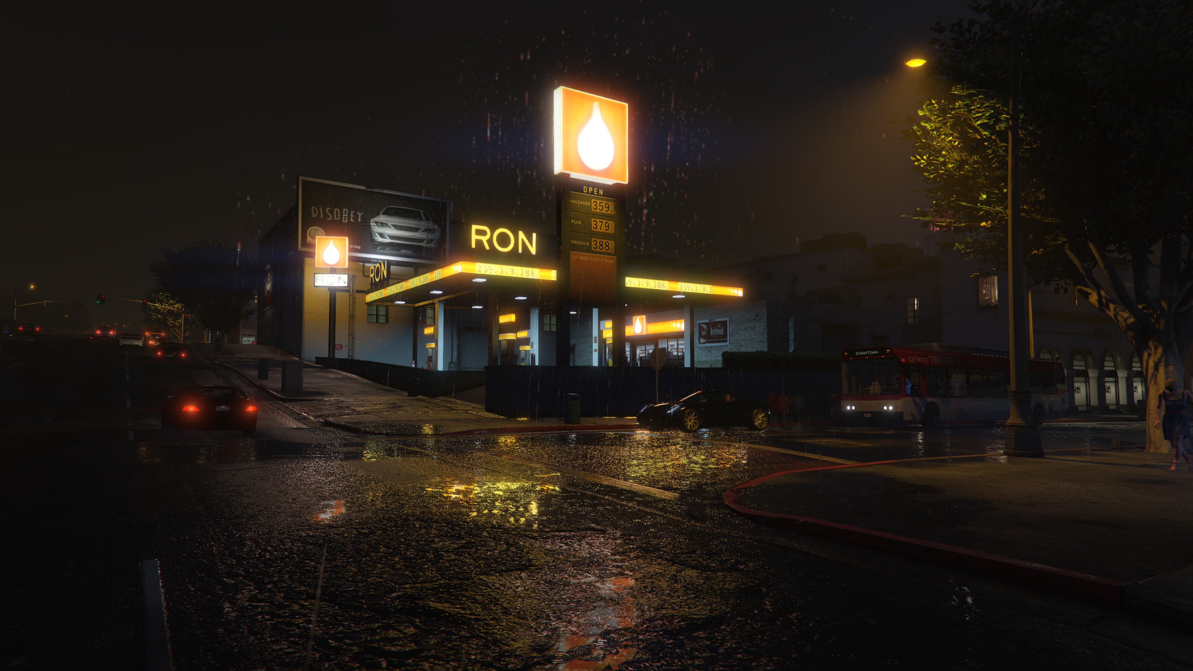 Grand Theft Auto V Grand Theft Auto Car Rain Street Gas Stations Trees Street Light Traffic Lights N 3840x2160