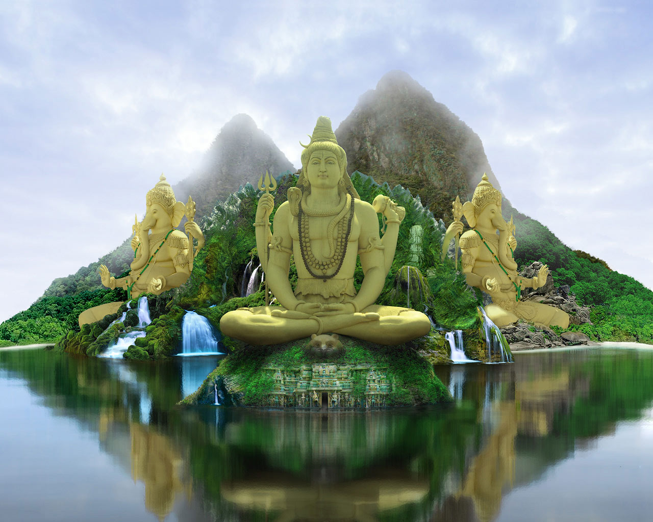 3d Fantasy Hinduism Island Lord Ganesh Religion Religious Shiva Temple Temple Of Shiva Waterfall 1280x1024