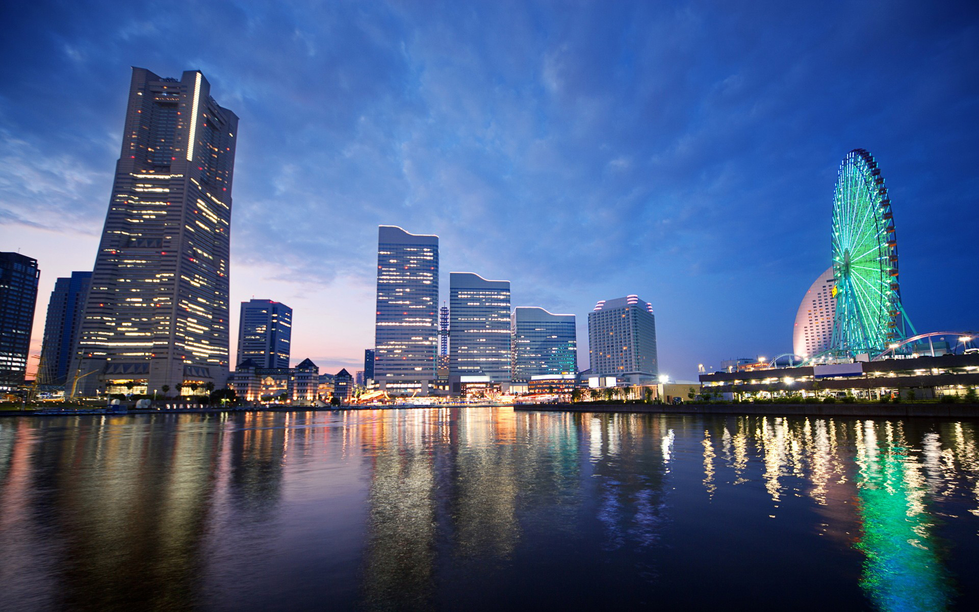 Building City Ferris Wheel Japan Night Reflection Water Yokohama 1920x1200