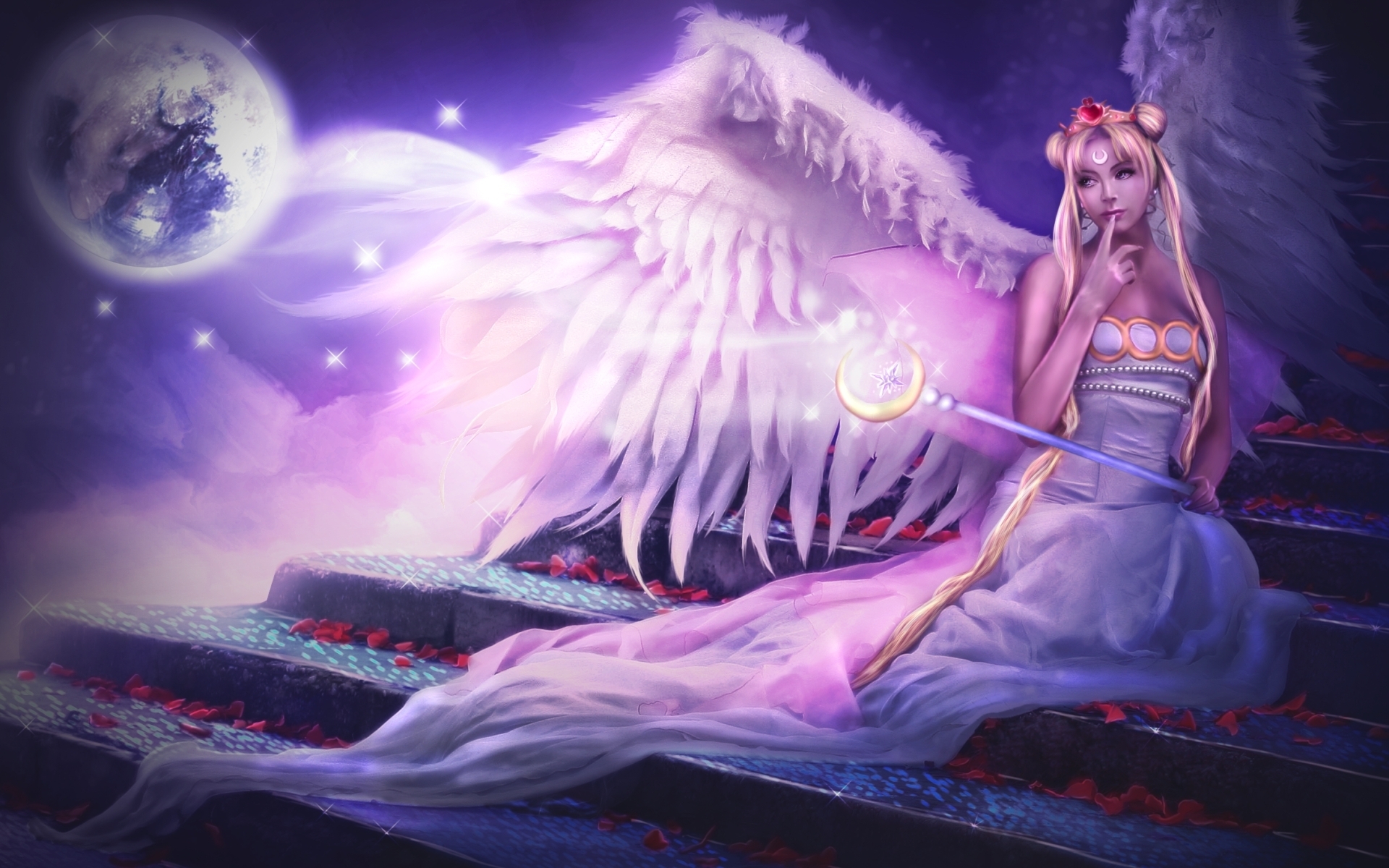 Angel Blonde Fantasy Moon Staff Stairs Wand White Wings Woman 1920x1200