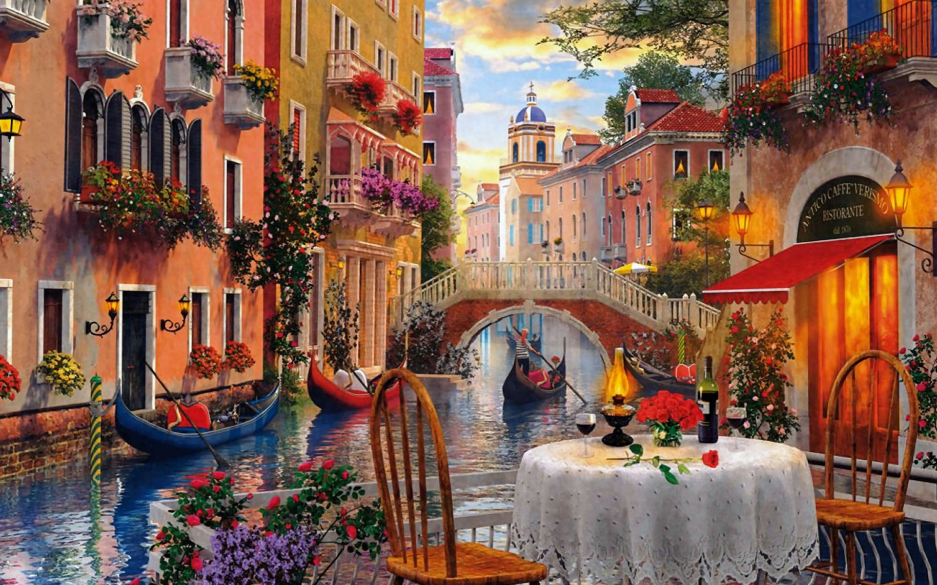 Artistic Cafe Canal Gondola House Painting Table Venice 1920x1200