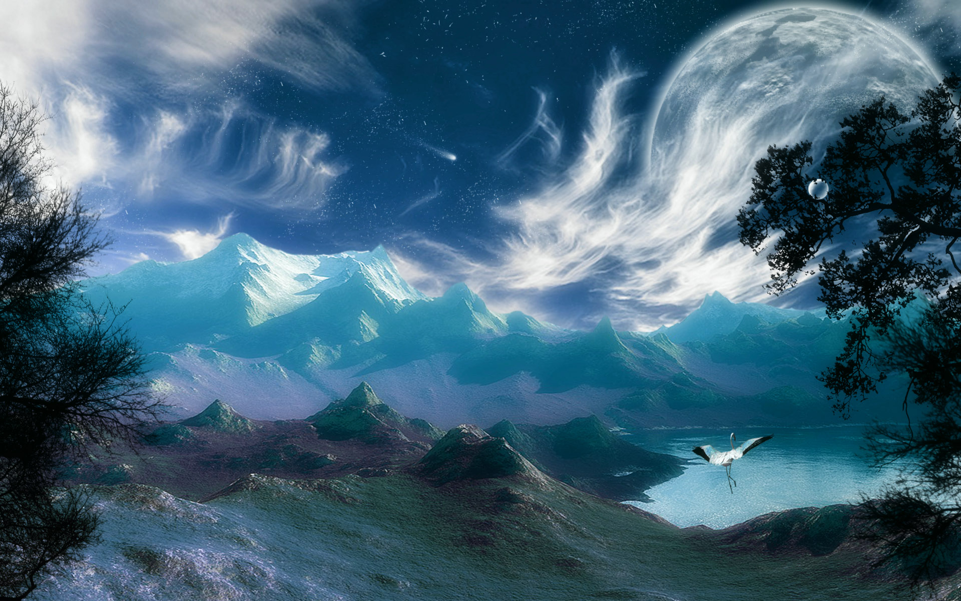 Blue Fantasy Heron Lake Landscape Moon Mountain Planet Sky 1920x1200