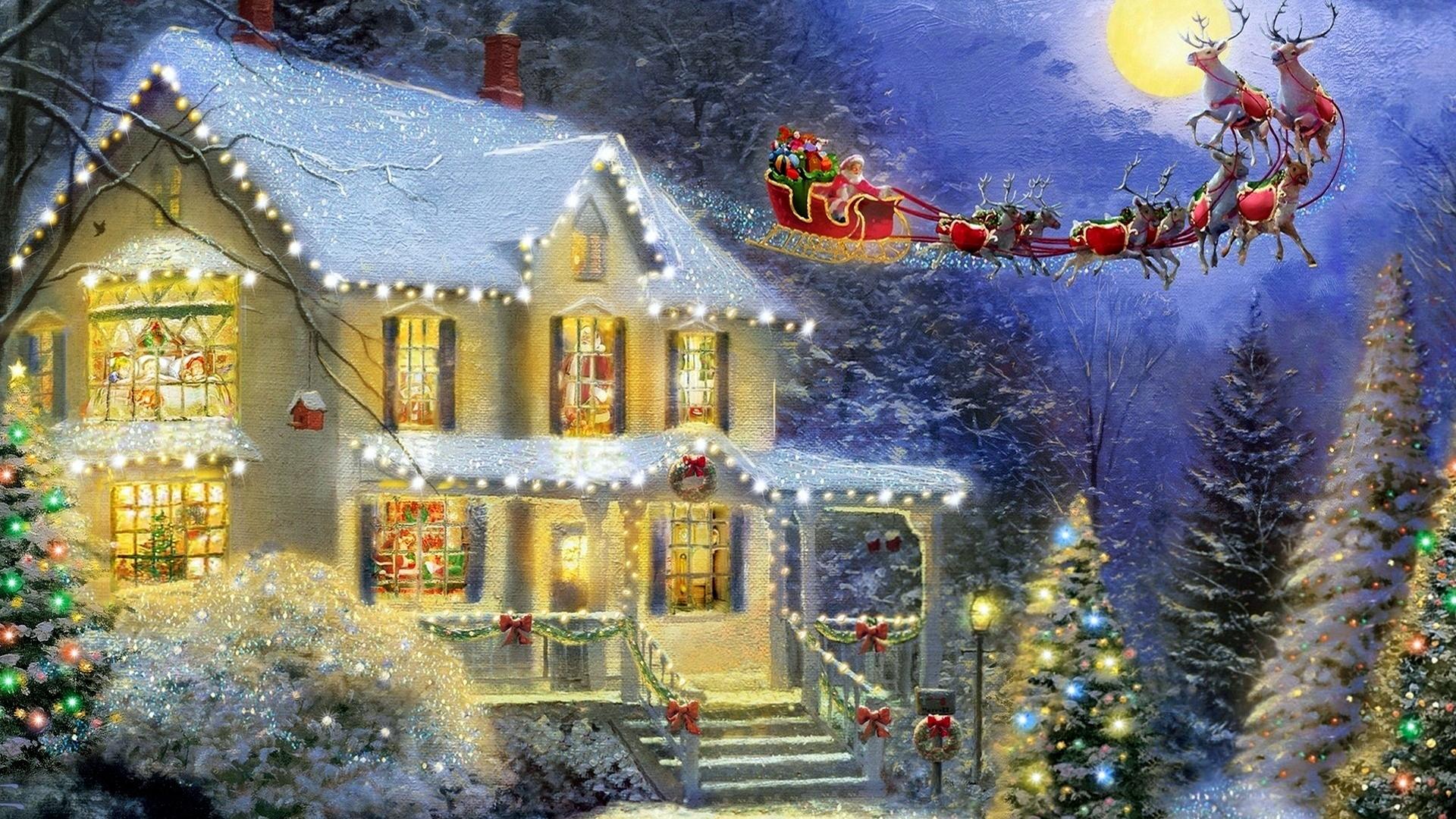 Artistic Christmas Santa Sleigh Snow Tree Winter 1920x1080