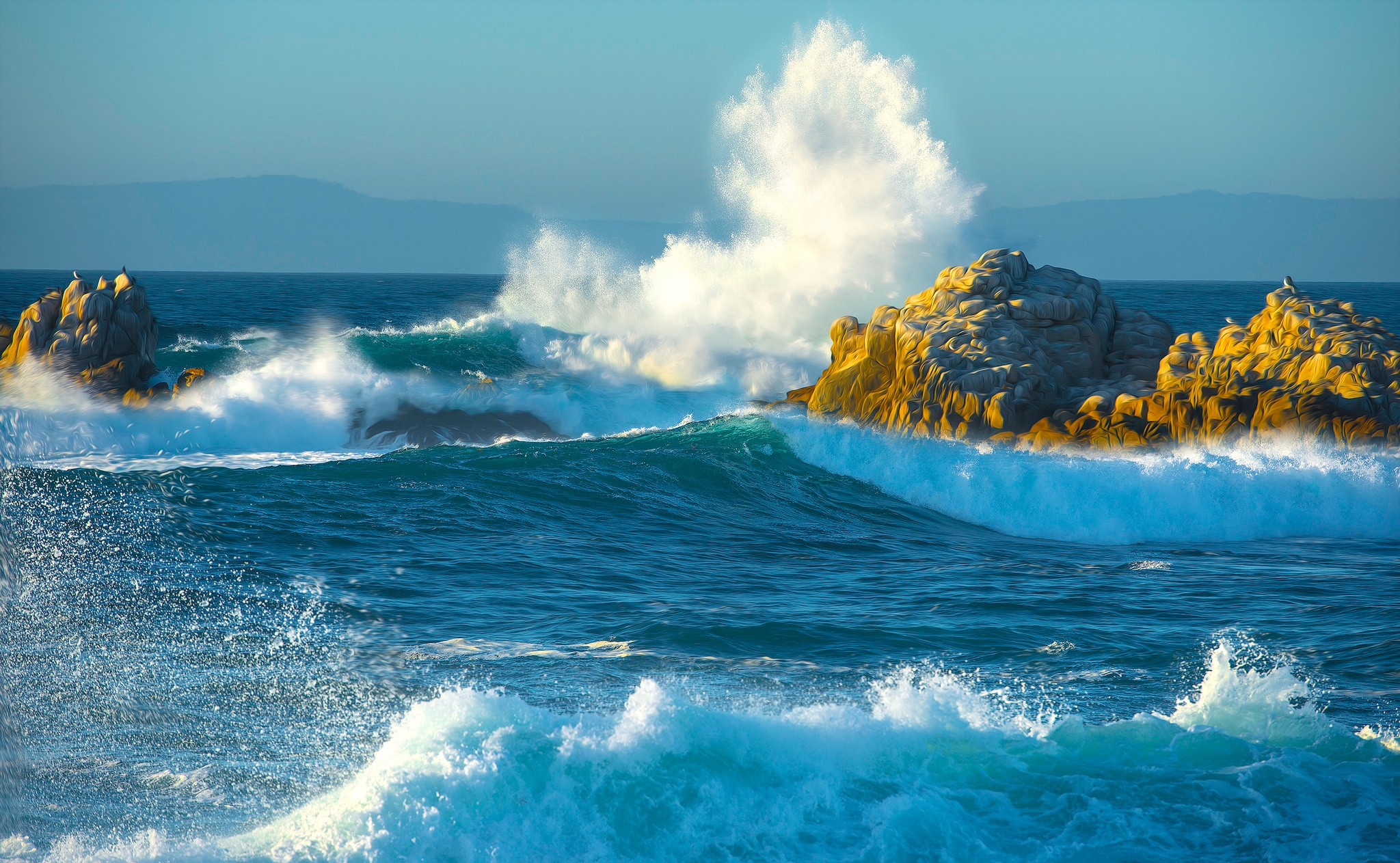 Artistic Blue Earth Ocean Rock Sea Wave 2048x1263