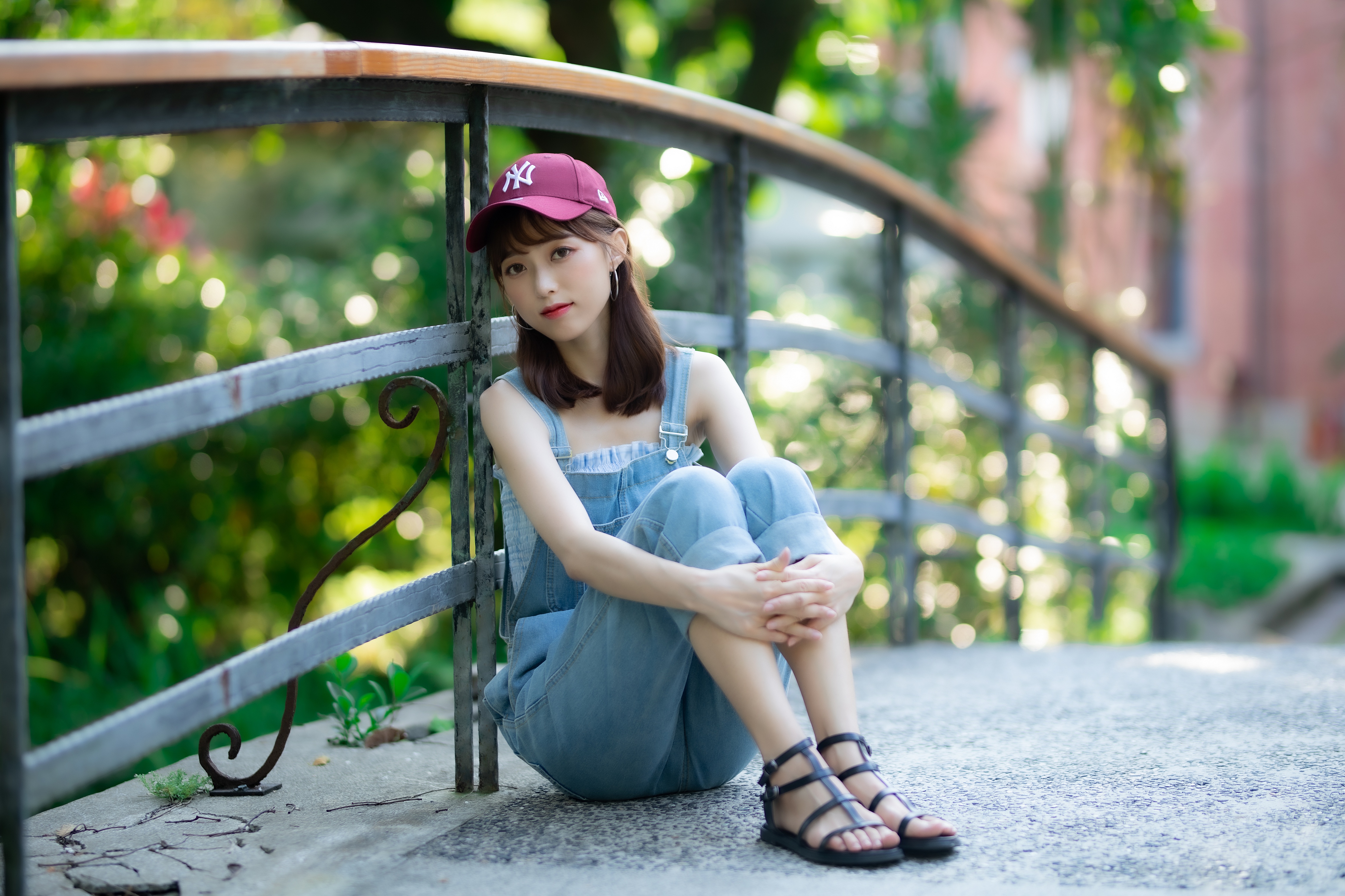 Asian Women Model Long Hair Brunette Sitting Baseball Caps Jeans Pants Suit Blouse Sandals Barefoot  4562x3041