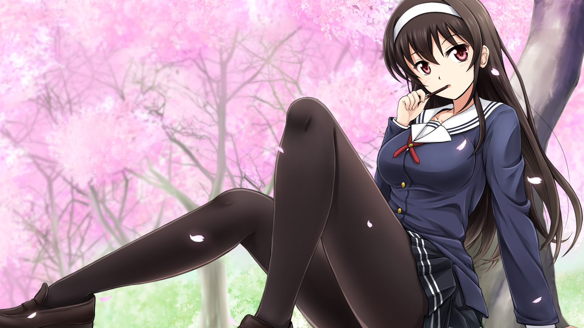 Blush Eating Girl Pantyhose Sakura Blossom Sitting Skirt Uniform Utaha Kasumigaoka 1920x1080