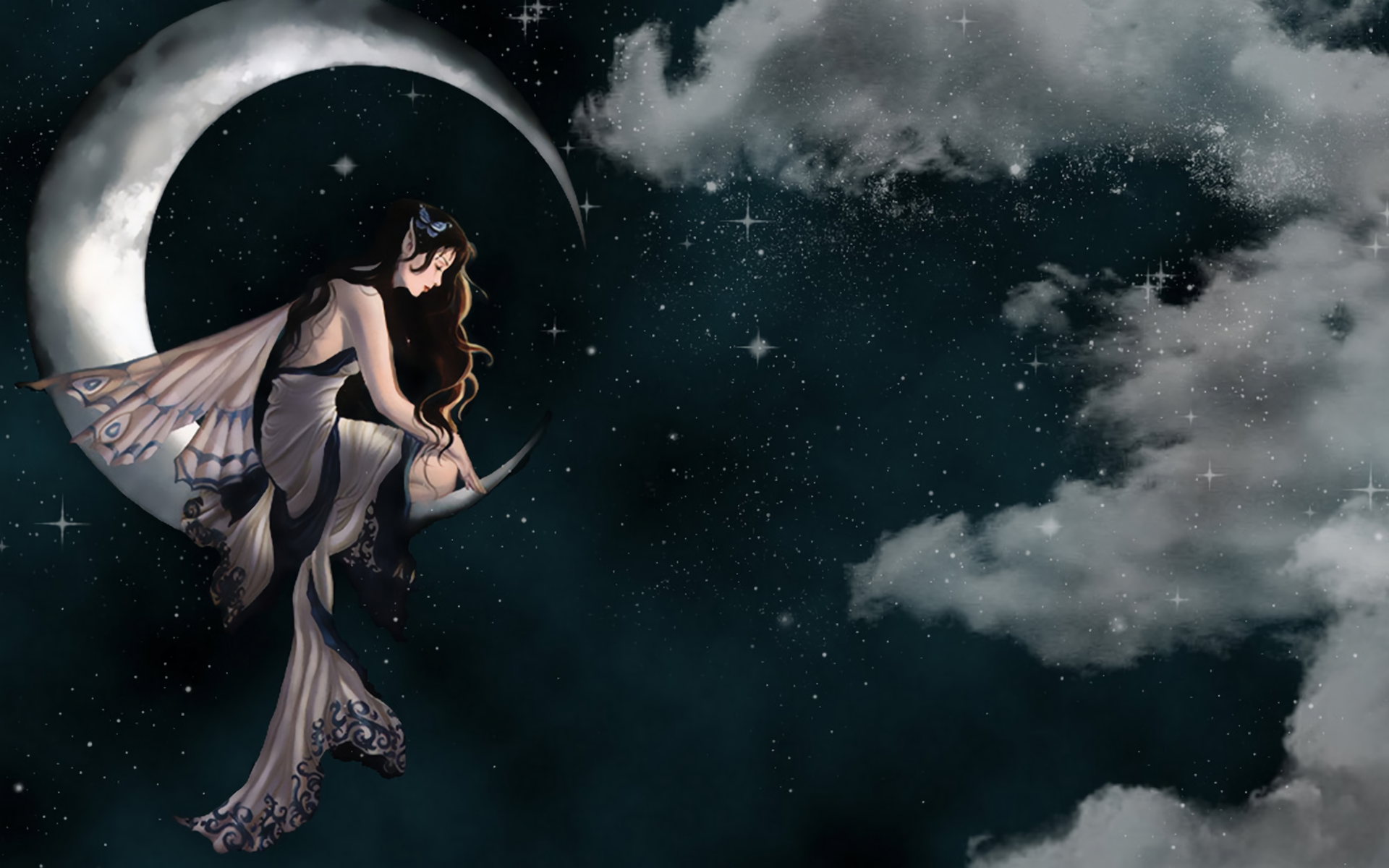 Cloud Crescent Elf Fantasy Moon Sky Star Woman 1920x1200
