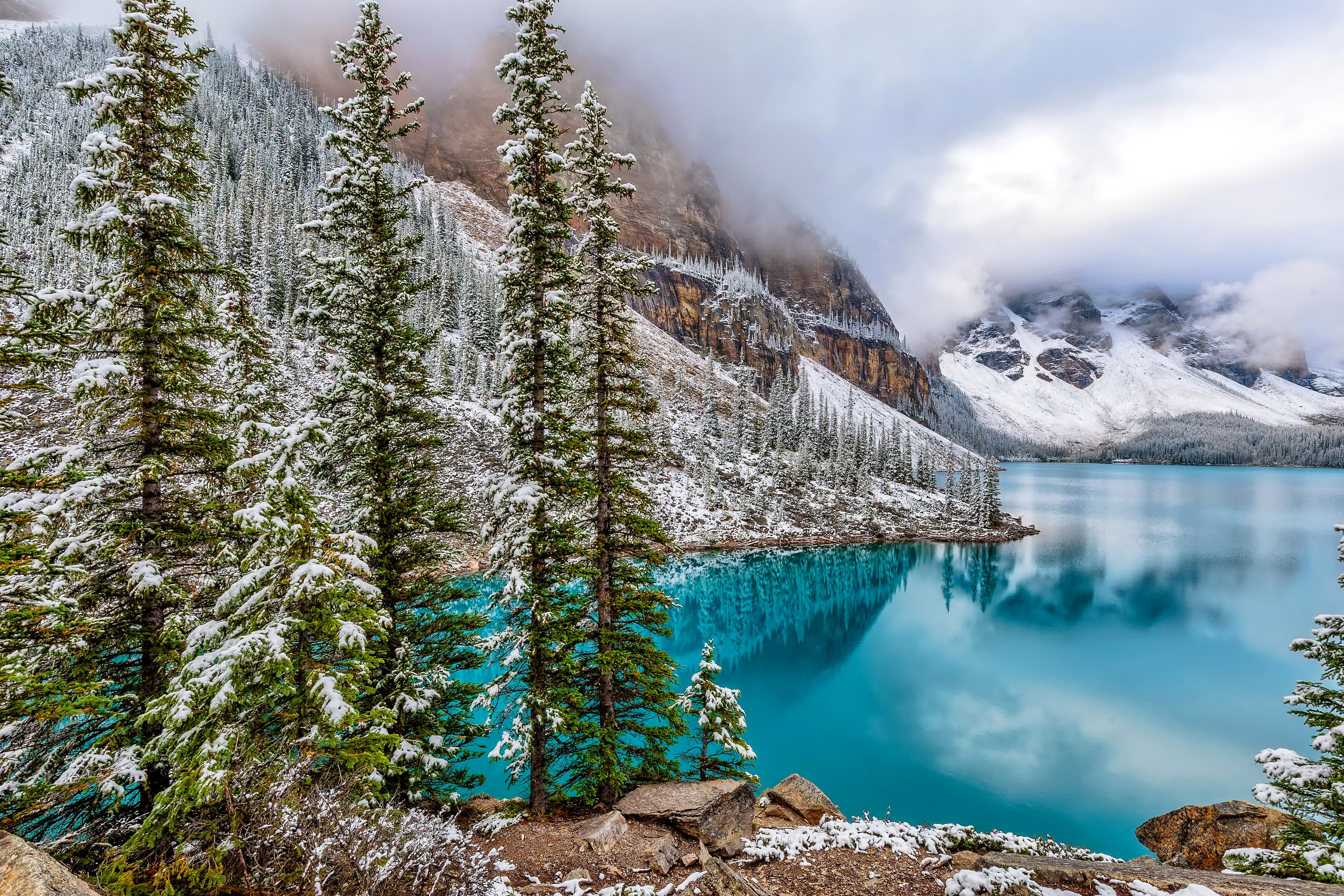 Canada Earth Lake Moraine Lake Mountain Reflection Rock Snow Tree Turquoise Winter 3000x2000