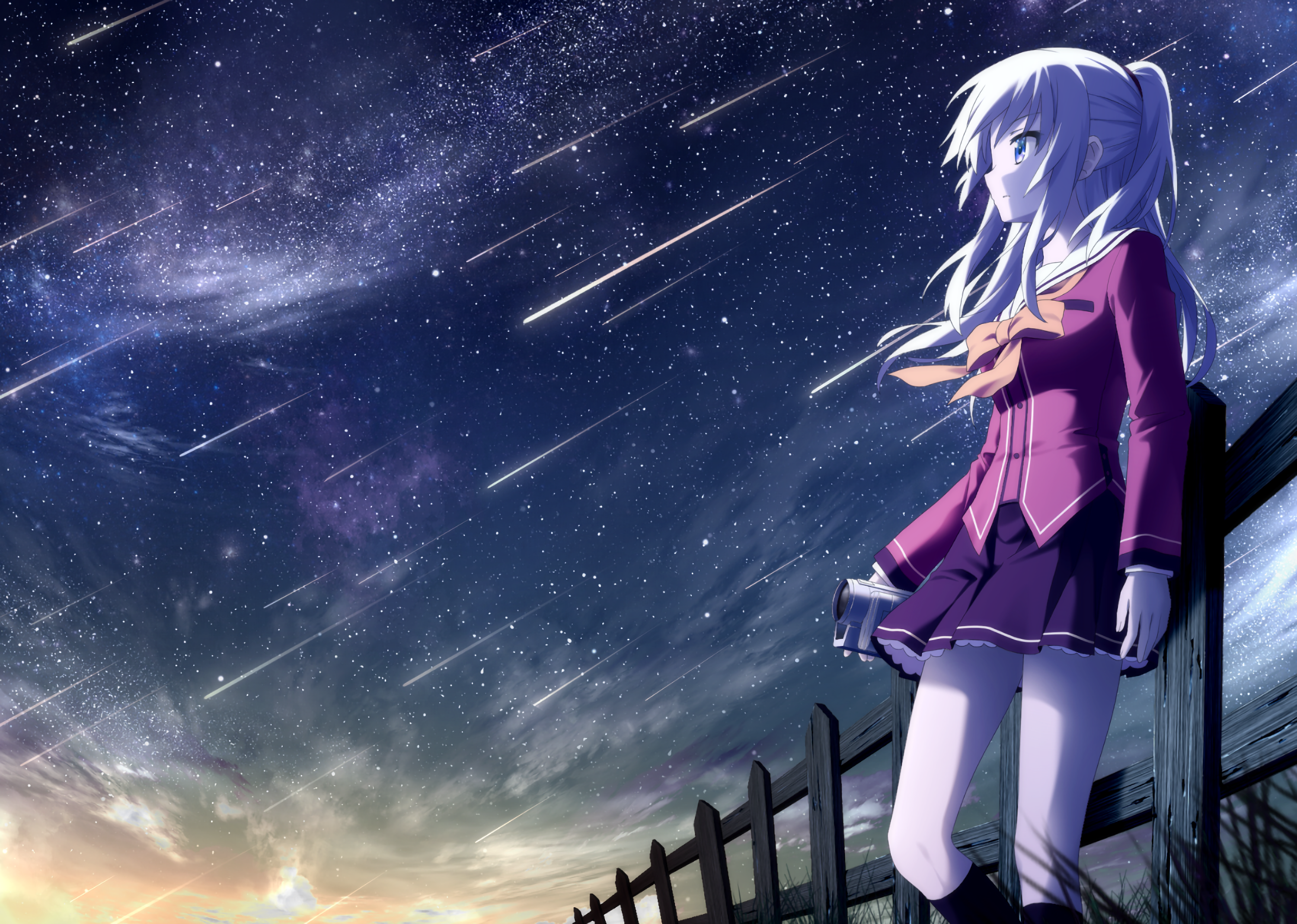 Camera Charlotte Anime Fence Long Hair Nao Tomori Night Purple Eyes Shooting Star Skirt Sky Stars Wh 3000x2139