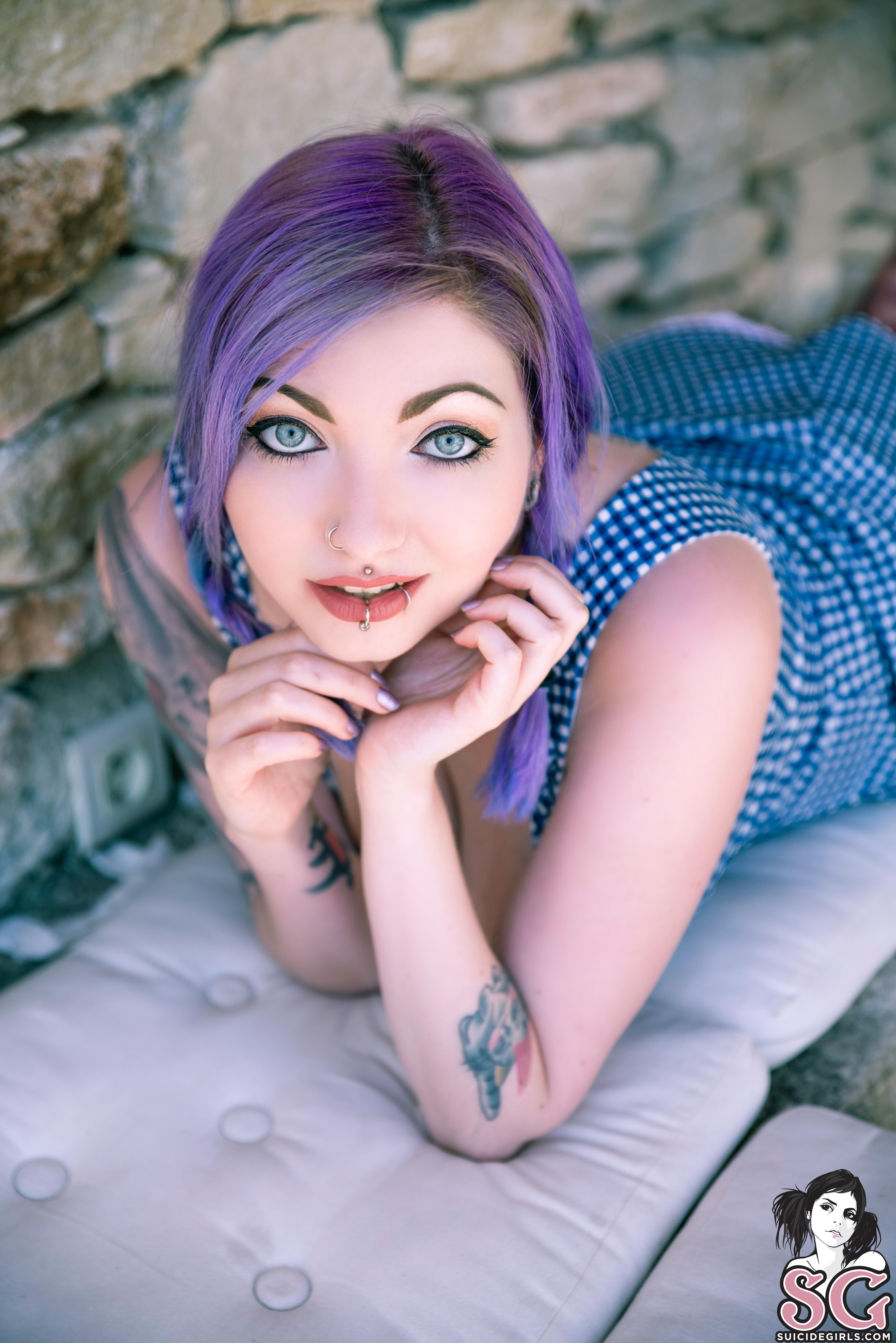 Women Brunette Piercing Dress Inked Girls Chubby Purple Hair Blue Eyes 4016x6016