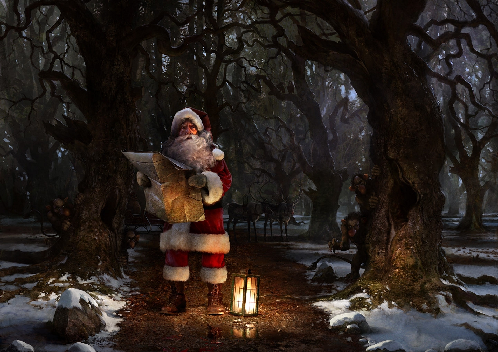 Christmas Dark Forest Map Night Reindeer Santa Santa Claus Troll 1920x1358