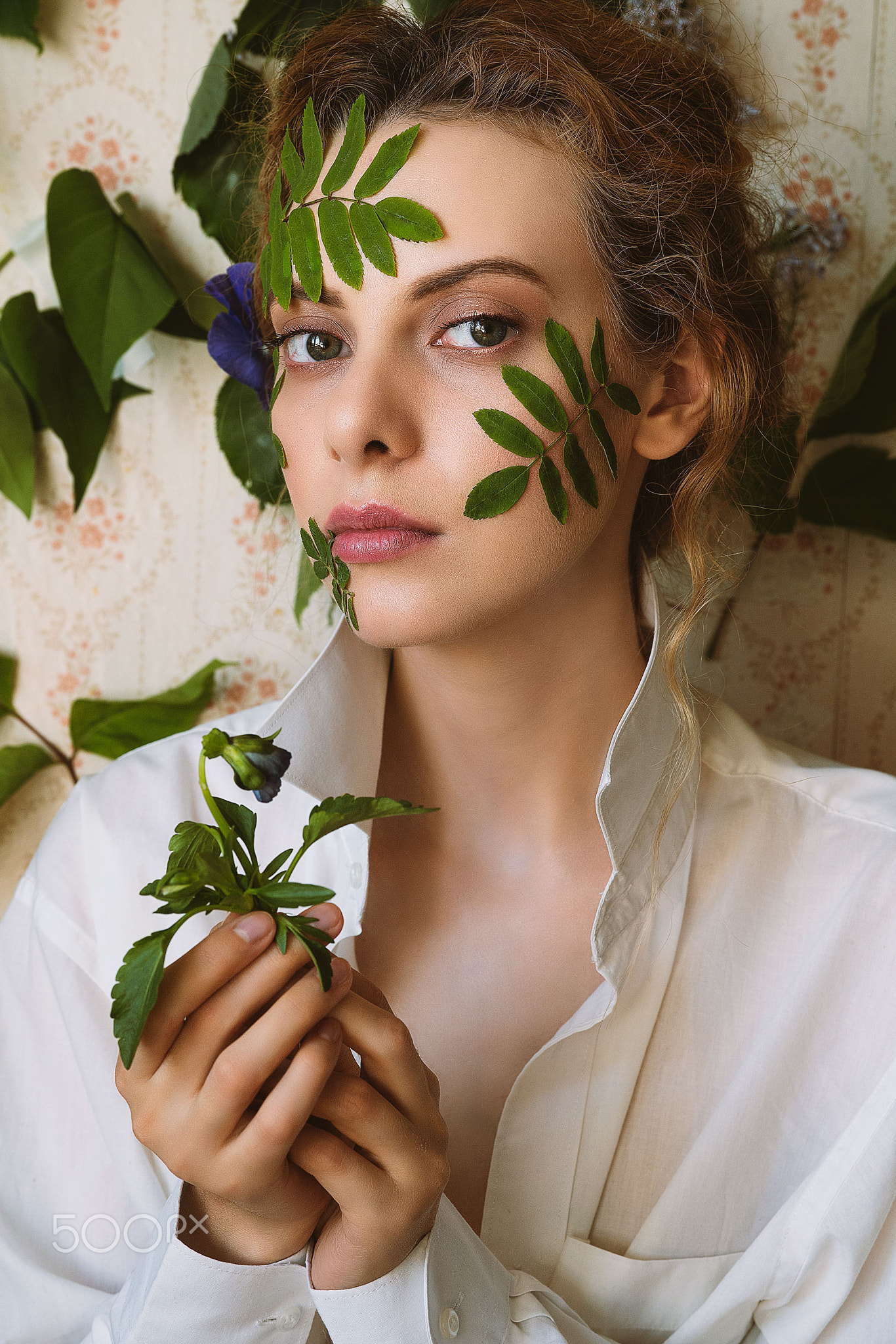 Daria Klepikova Women Brunette Leaves Portrait Makeup Shirt White Clothing Looking At Viewer Lipstic 1366x2048