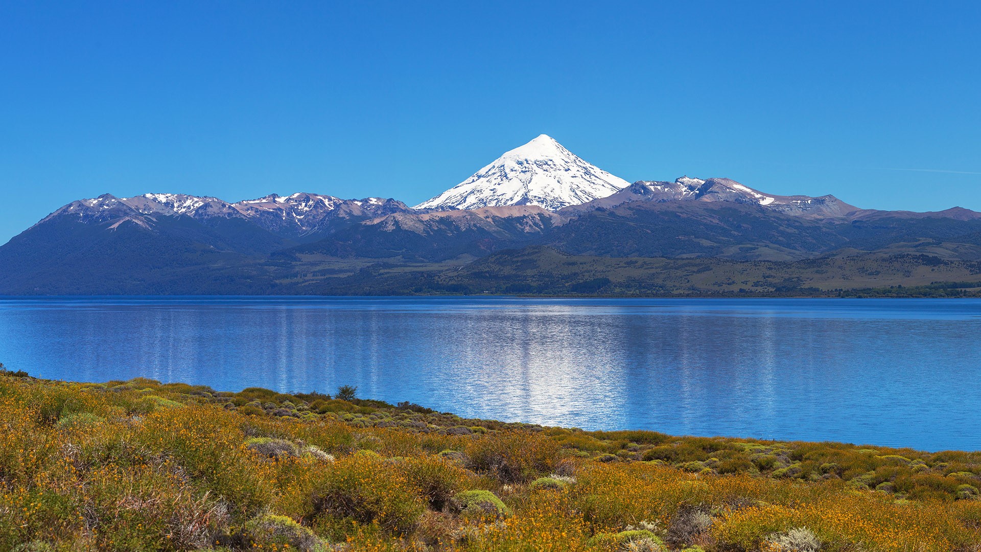 Mountains River Plants Nature Landscape Water Snowy Peak Clear Sky Far View Patagonia Argentina 1920x1080