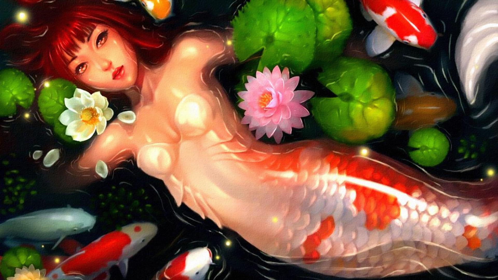 Fantasy Fish Koi Mermaid Woman 1920x1080