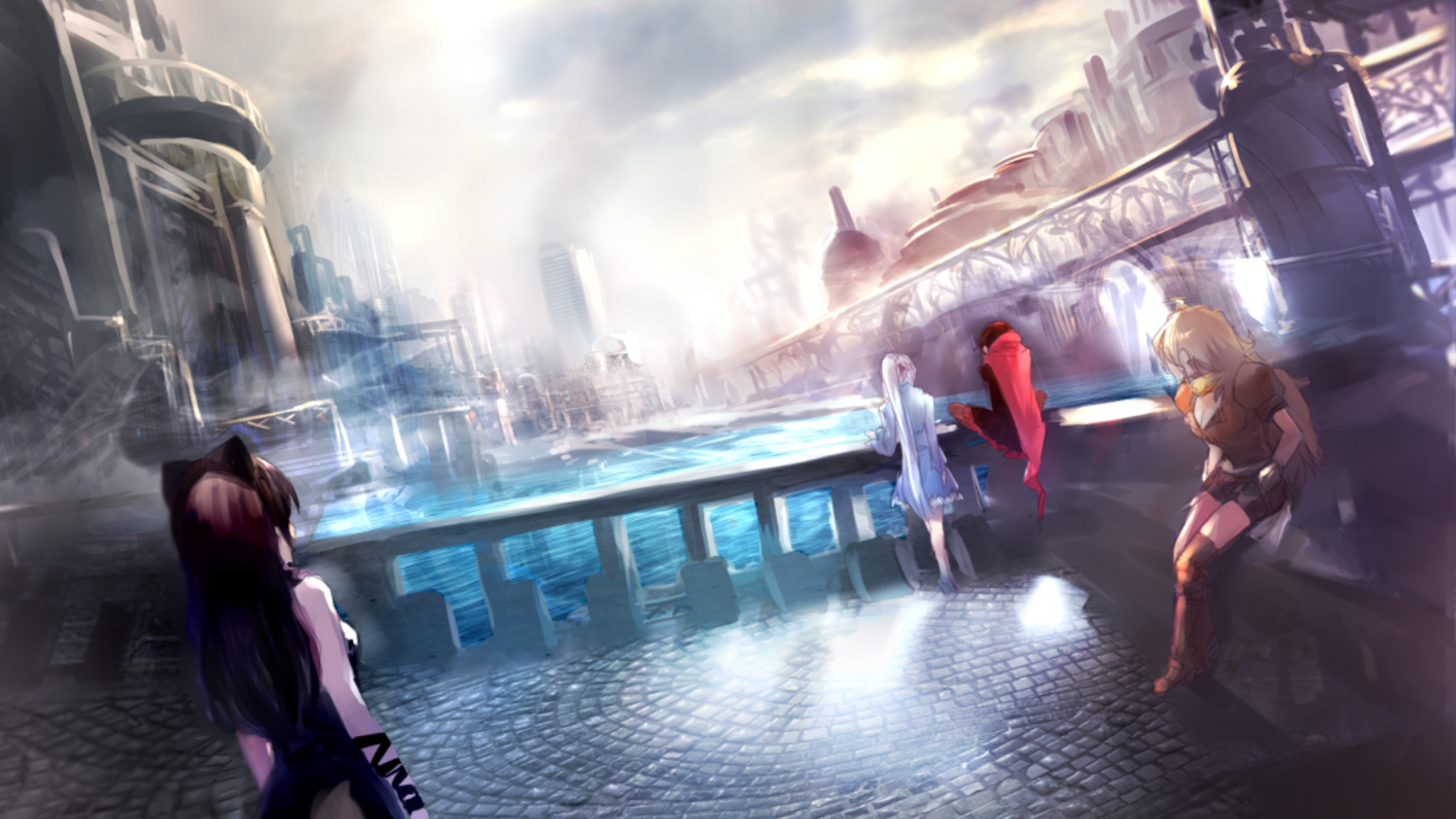 Blake Belladonna Bridge City Panorama Ruby Rose Rwby Water Weiss Schnee Yang Xiao Long 1920x1080