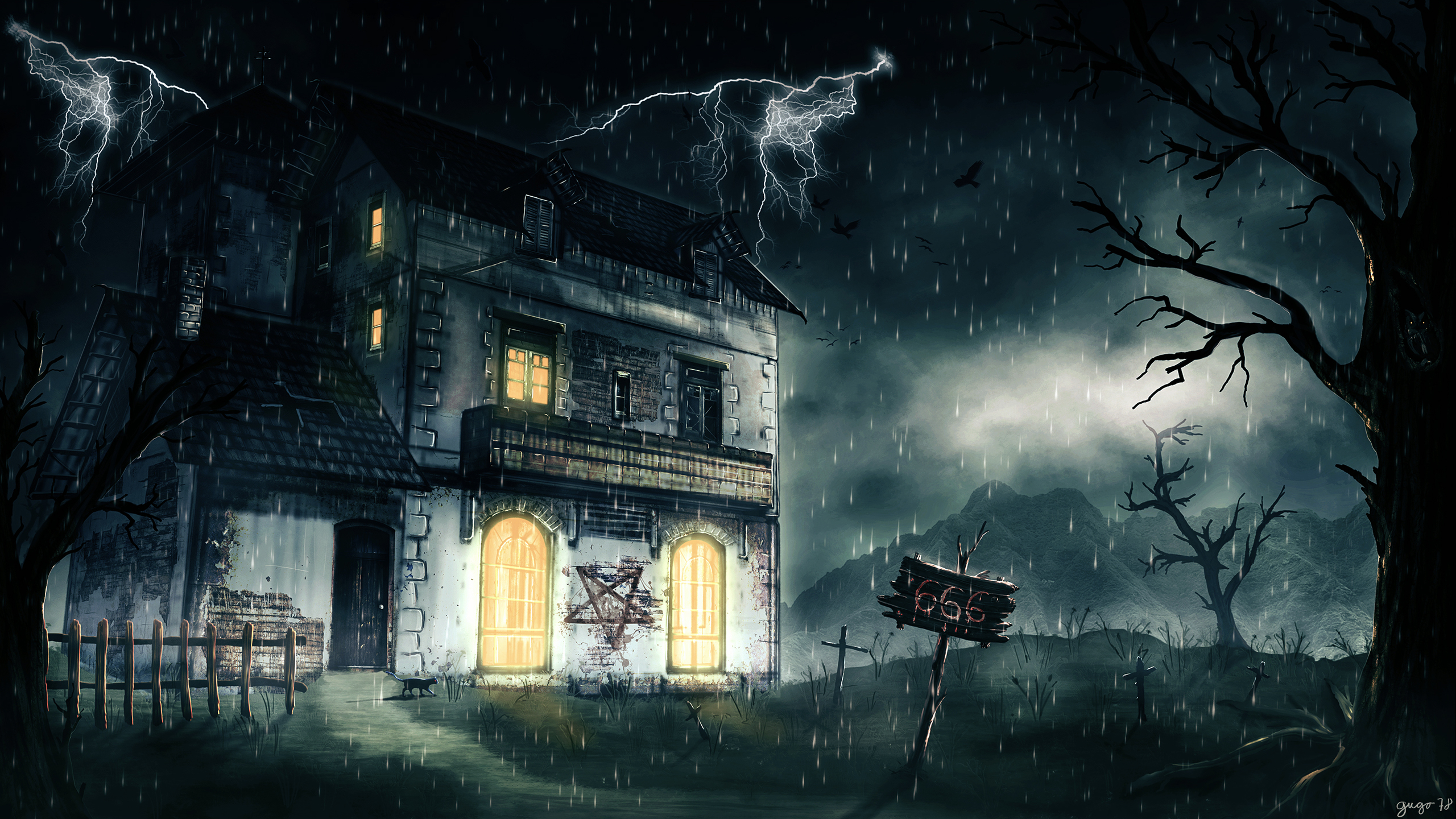 Dark House Lightning Night Pentagram Rain 2560x1440
