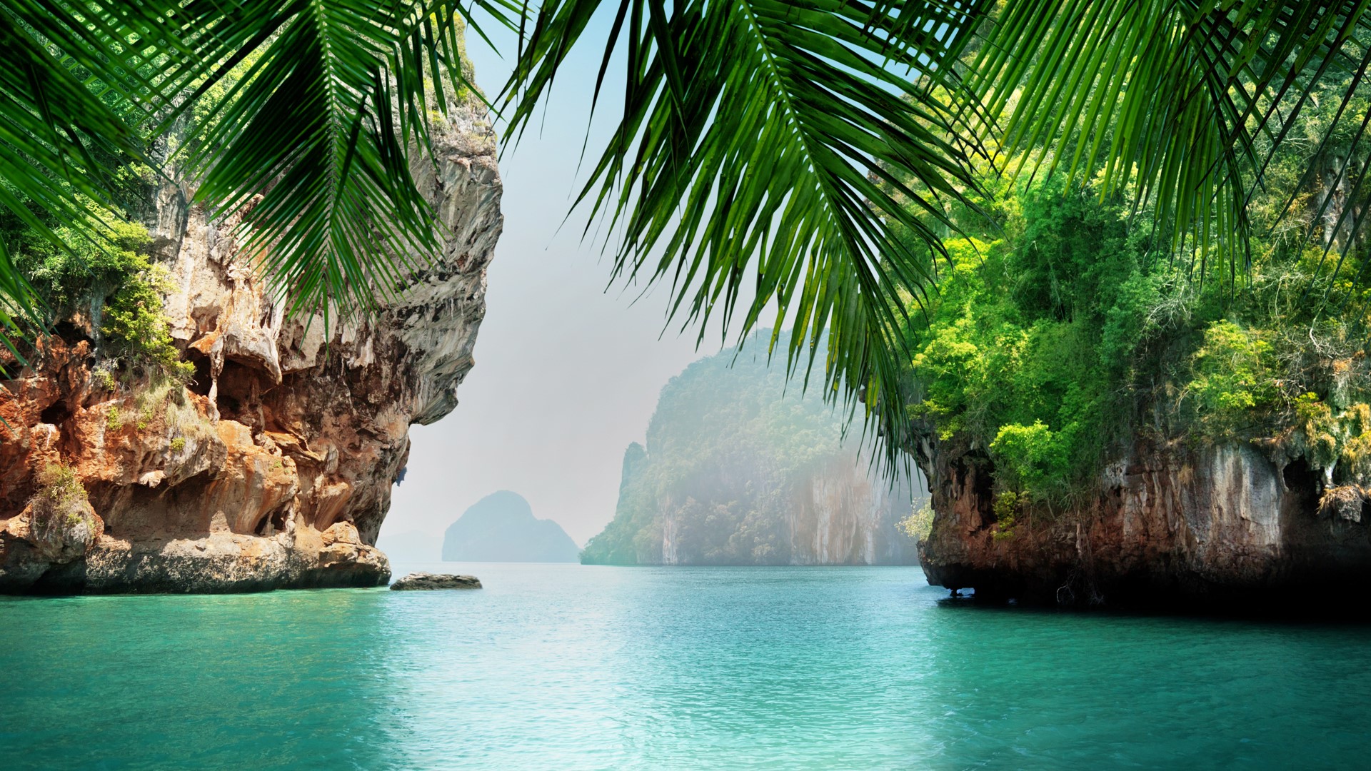 Nature Landscape Rocks Mountains Water Trees Leaves Tropical Forest Sky Clear Water Thailand 1920x1080